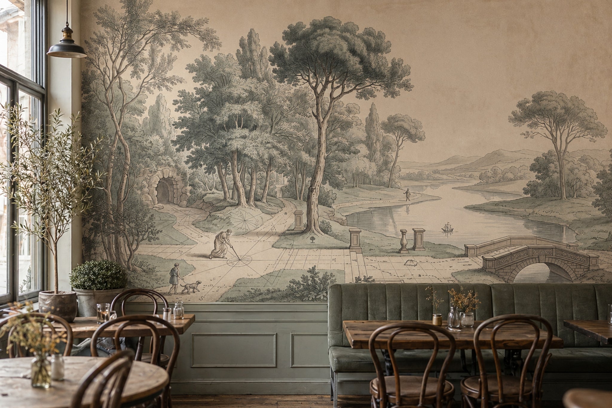 Scenic Landscape Wallpaper Lakeside View Vintage Engraving Wall Mural
