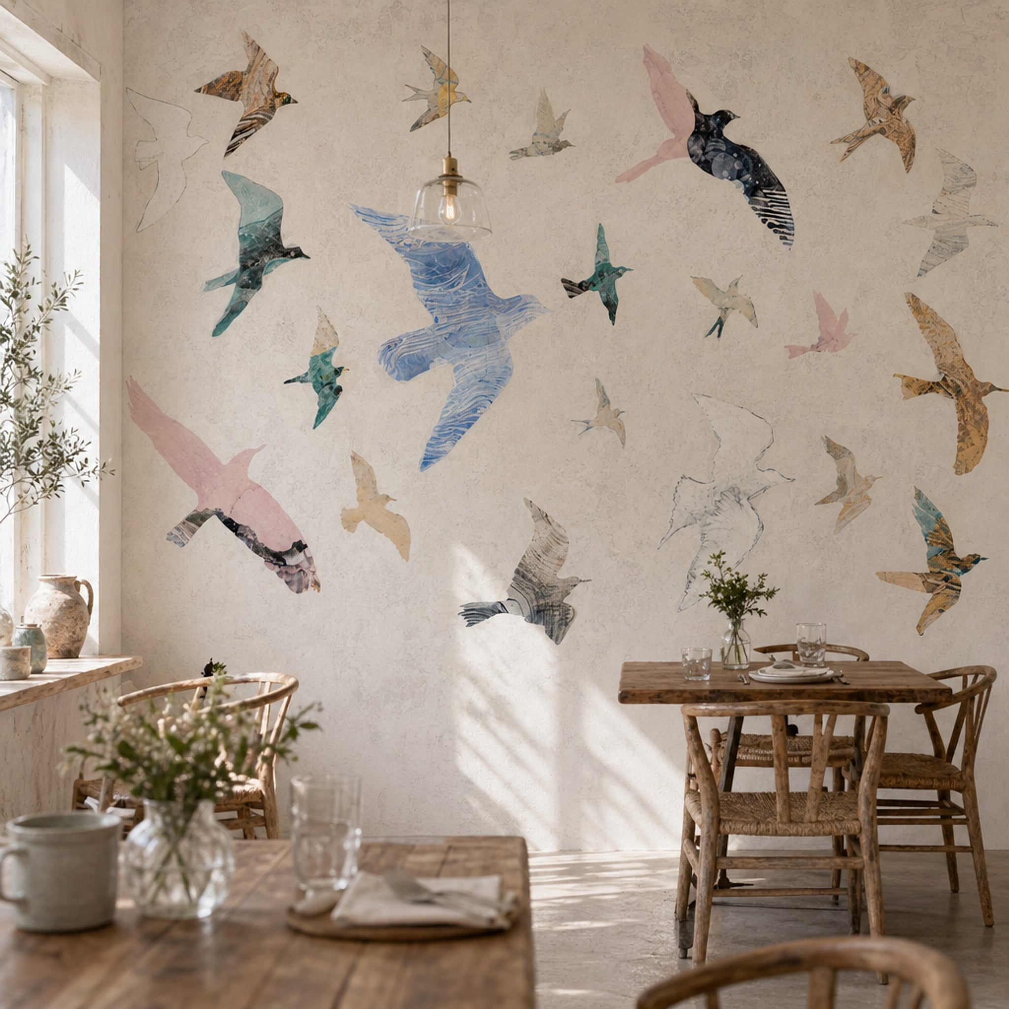 Birds In Flight Wallpaper Watercolor Removable Abstract Collage Wall Decor