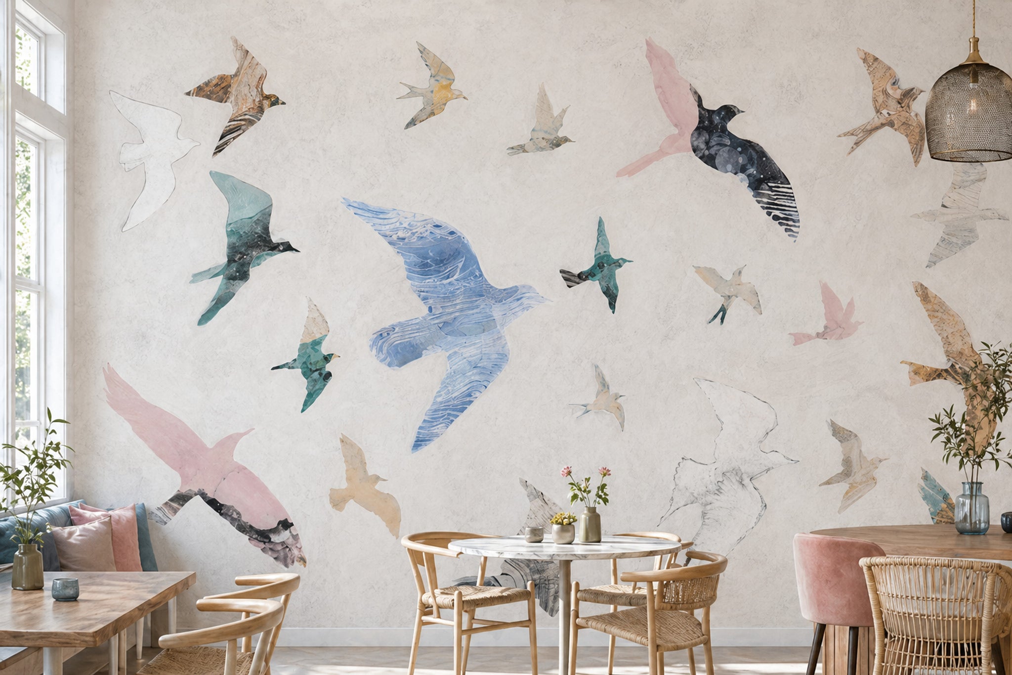 Birds In Flight Wallpaper Watercolor Removable Abstract Collage Wall Decor