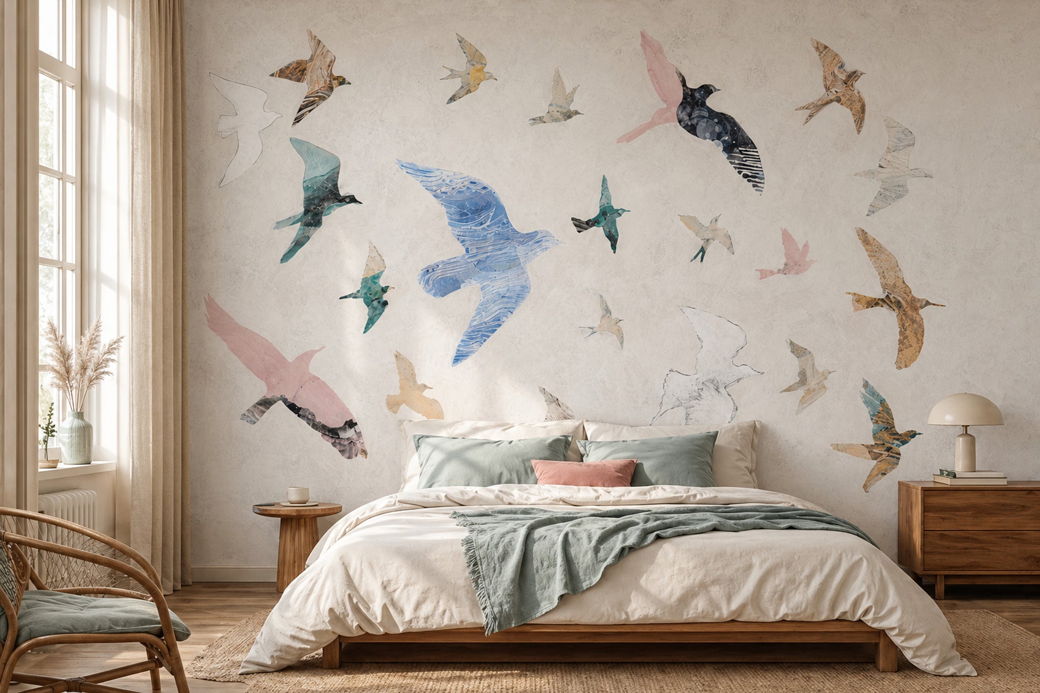 Birds In Flight Wallpaper Watercolor Removable Abstract Collage Wall Decor