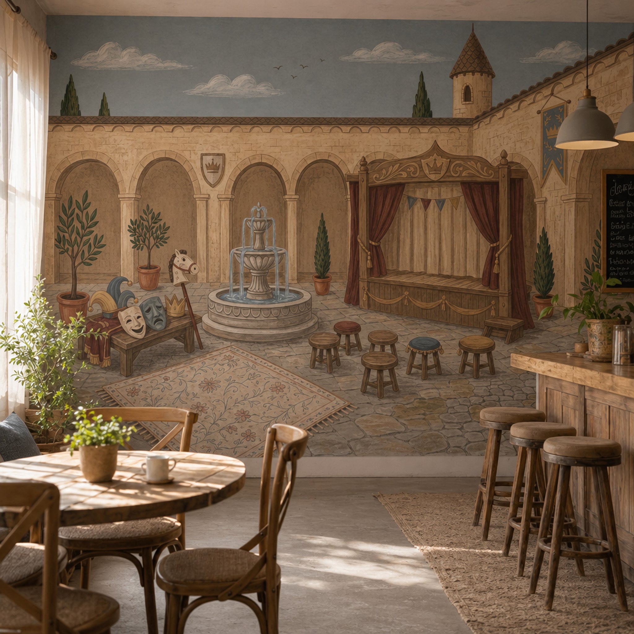 Castle Courtyard Wallpaper Stone Arches Fountain Removable Wall Decor