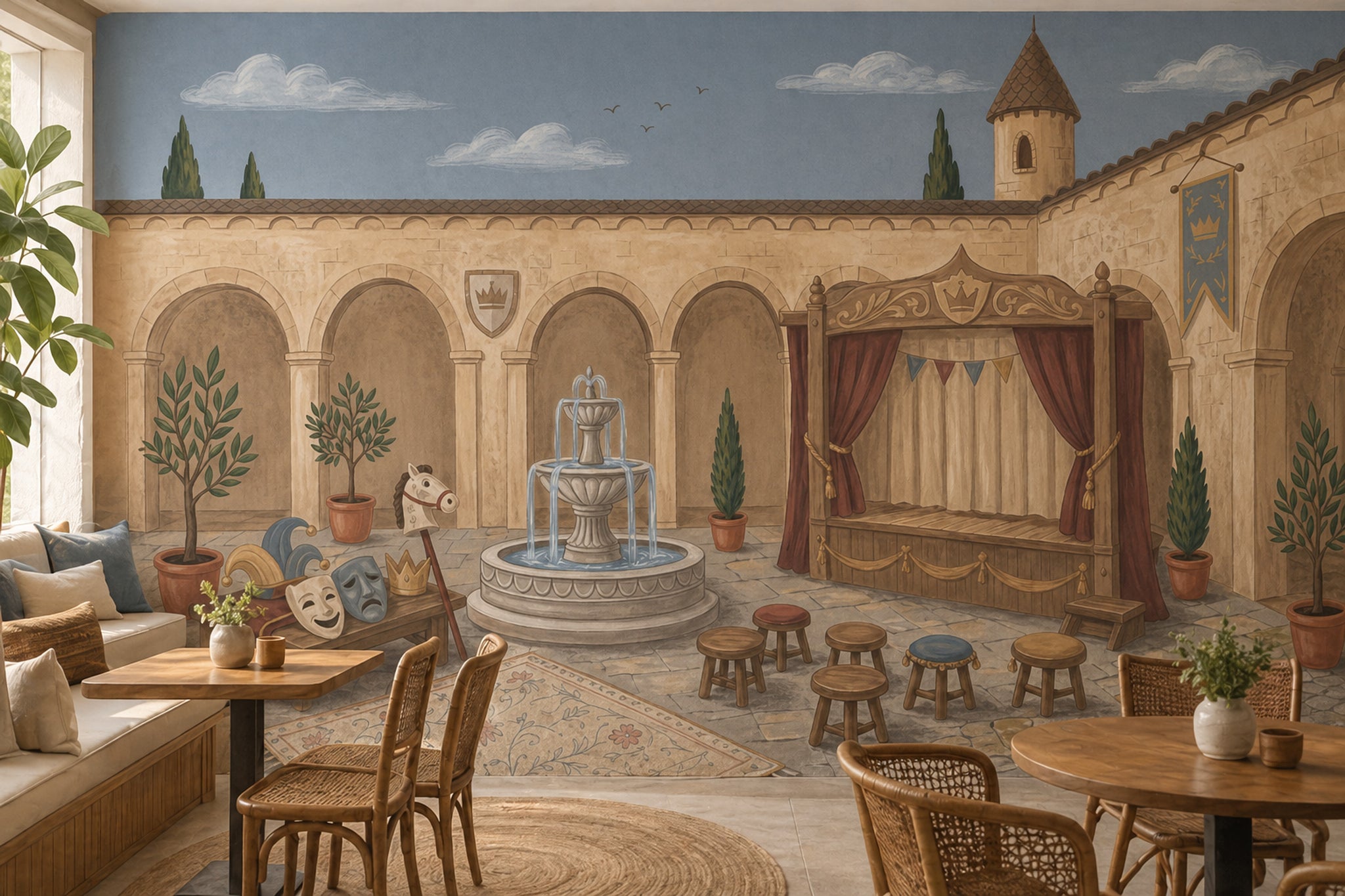 Castle Courtyard Wallpaper Stone Arches Fountain Removable Wall Decor