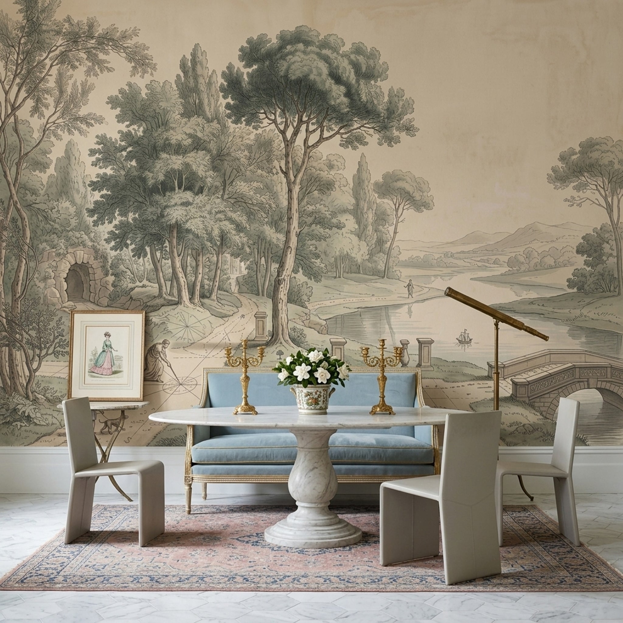 Scenic Landscape Wallpaper Lakeside View Vintage Engraving Wall Mural