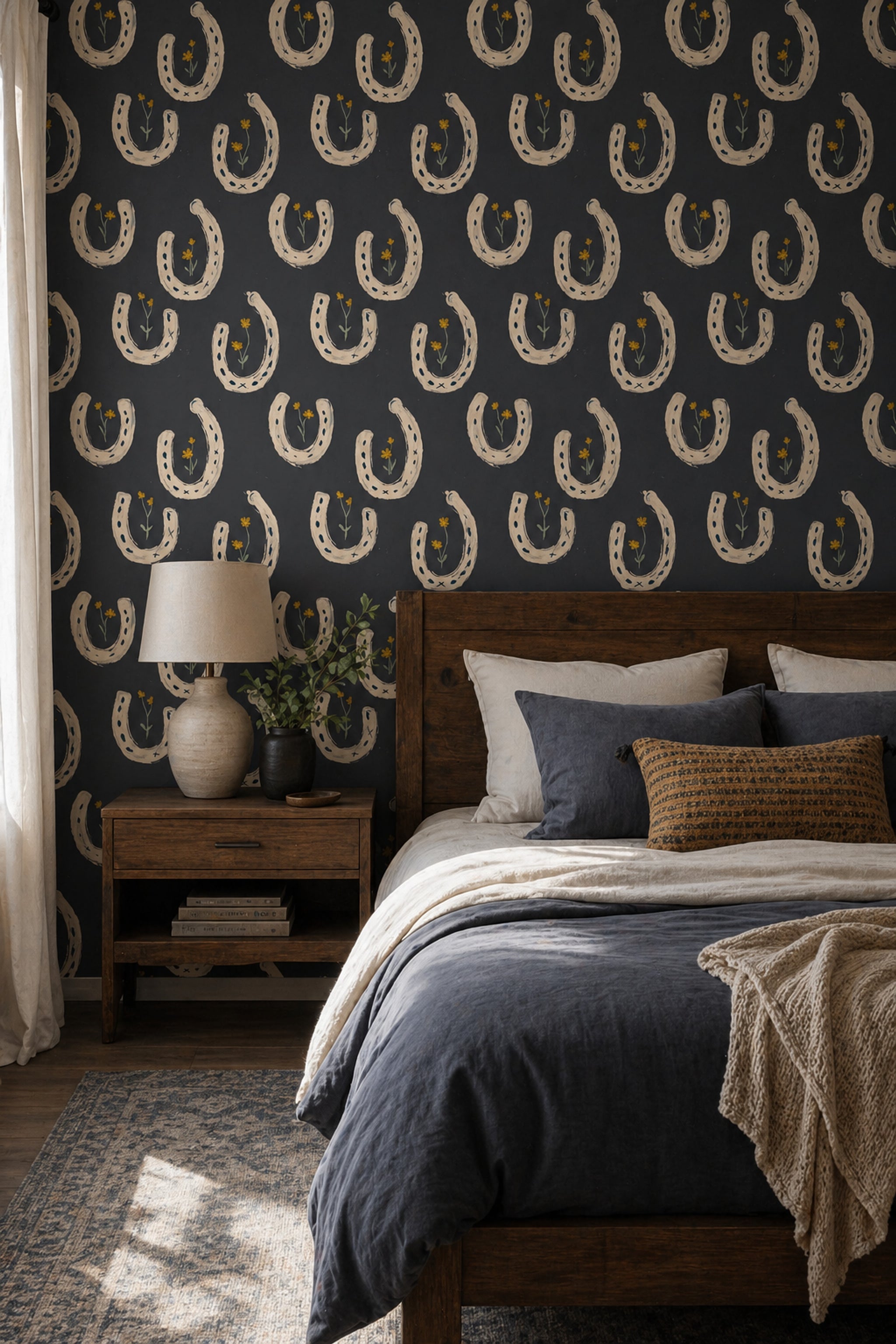 Hand Painted Wallpaper Charcoal Background Removable Modern Boho Wall Decor