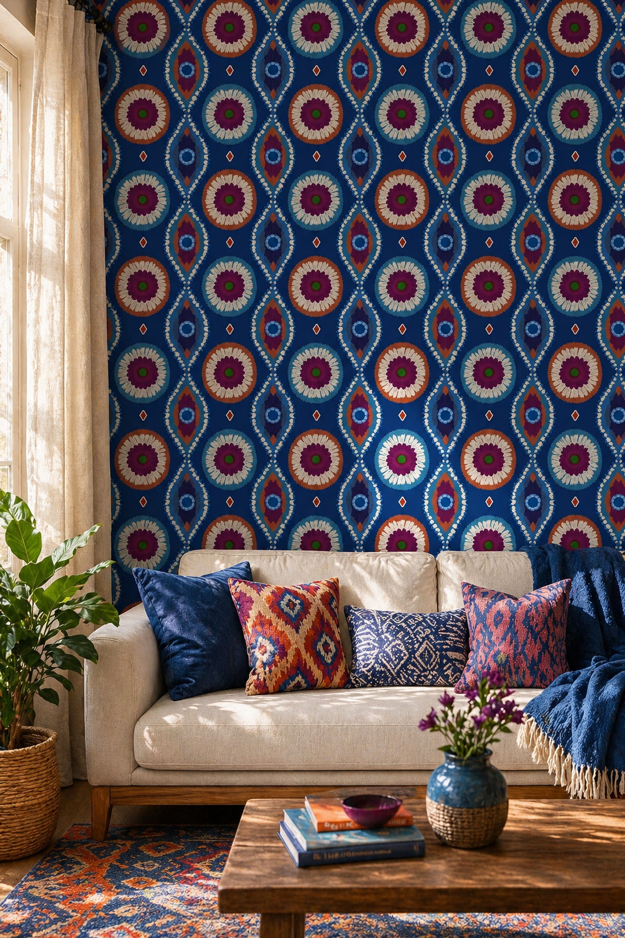 Bohemian Medallion Wallpaper Moroccan Inspired Ikat Tie Dye Effect Removable Wall Decor