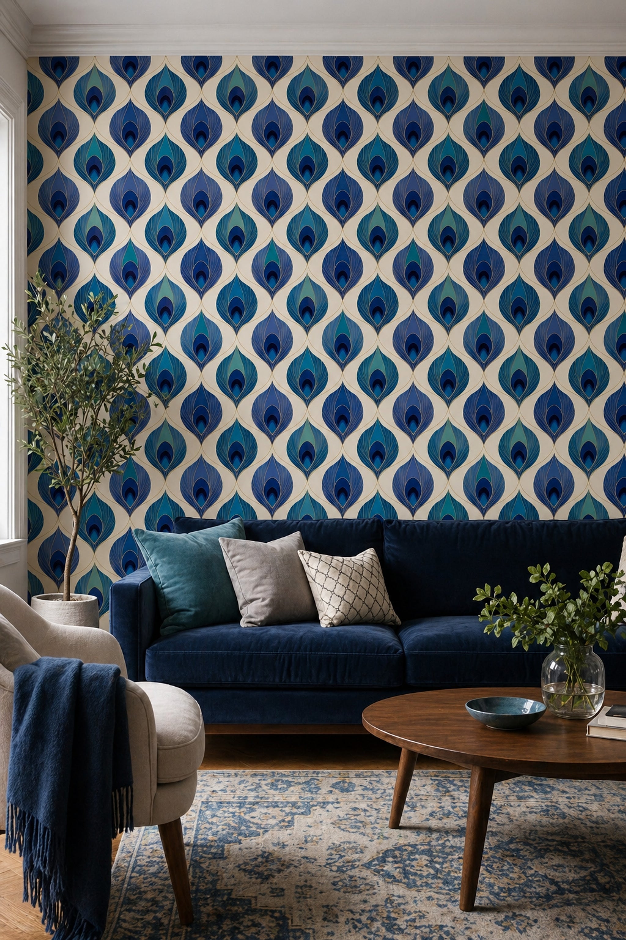 Peacock Feather Wallpaper Blue And Teal Gold Linework Decorative Mural