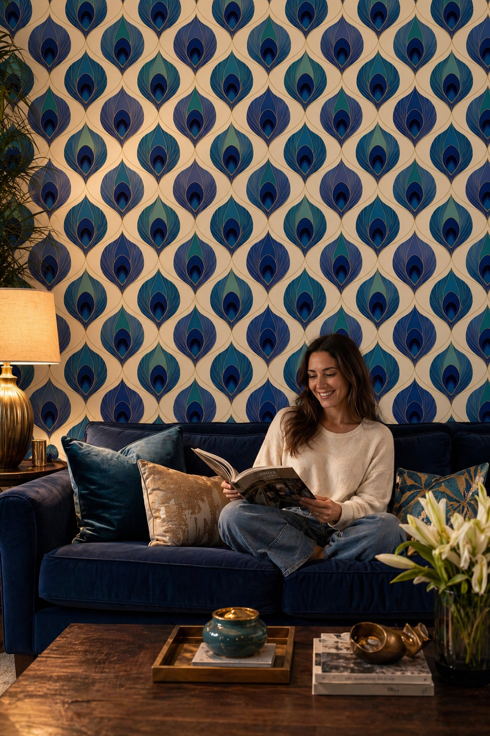 Peacock Feather Wallpaper Blue And Teal Gold Linework Decorative Mural