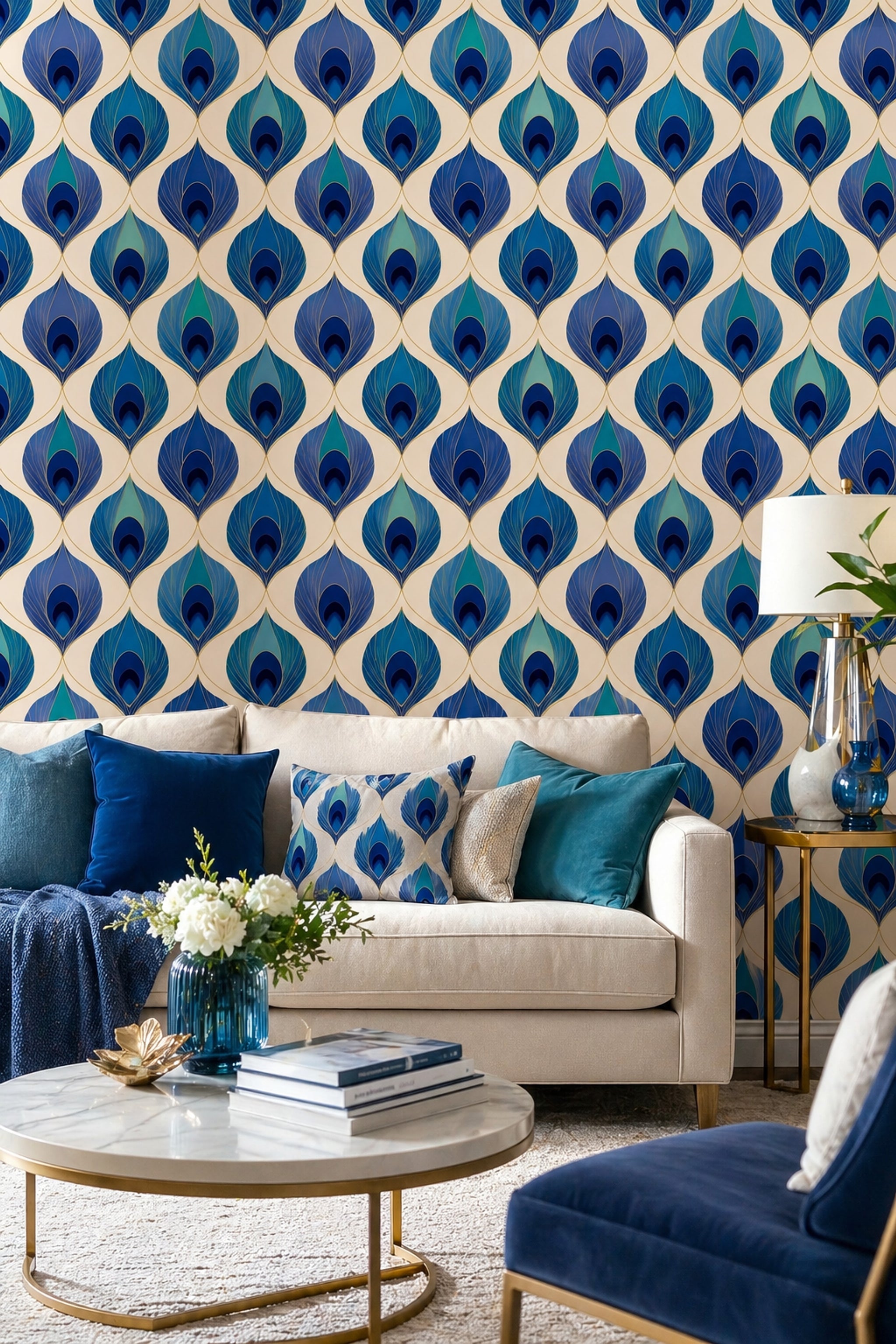 Peacock Feather Wallpaper Blue And Teal Gold Linework Decorative Mural