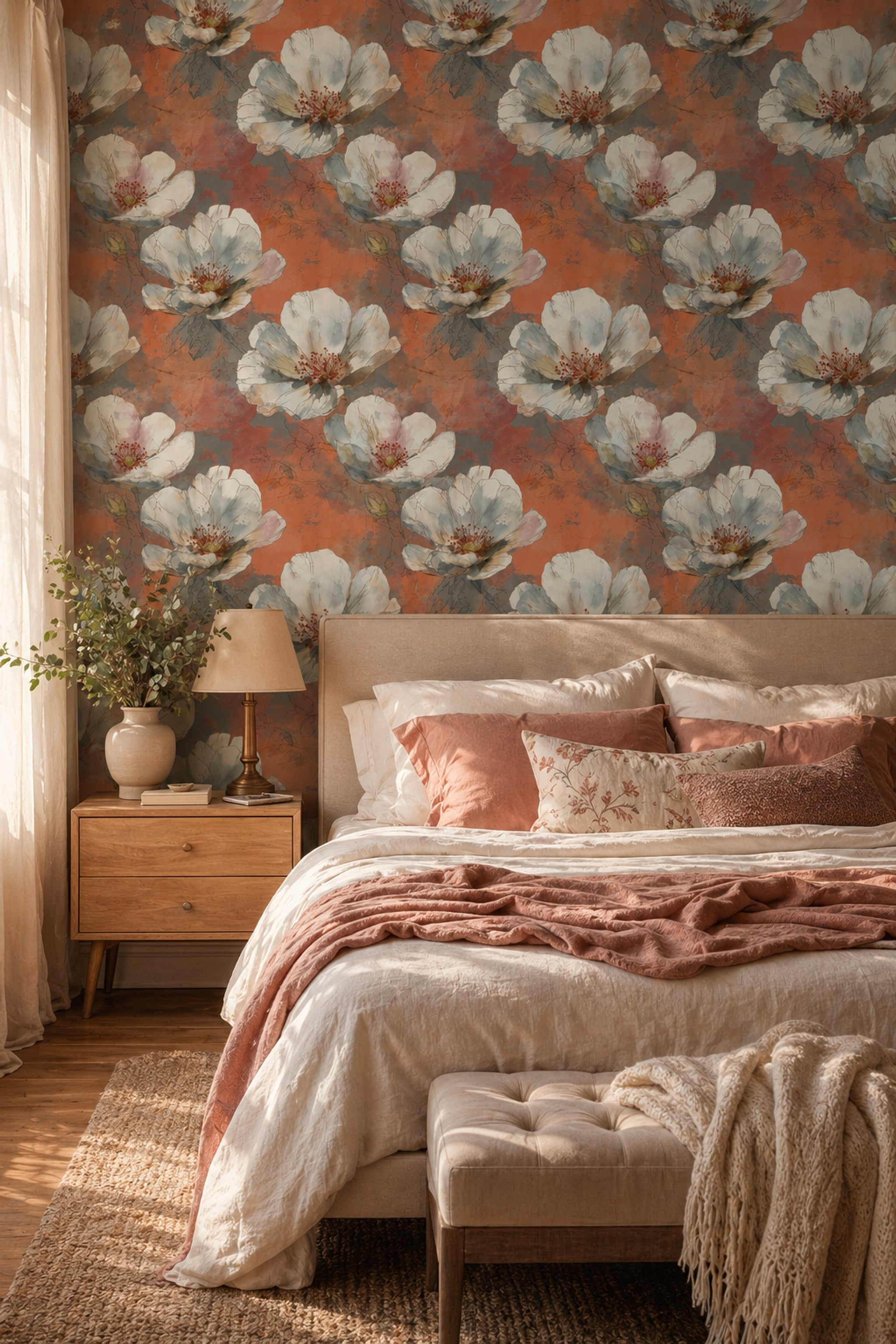 Floral Wallpaper Oversized White Blossoms Removable Watercolor Wash Wall Decor