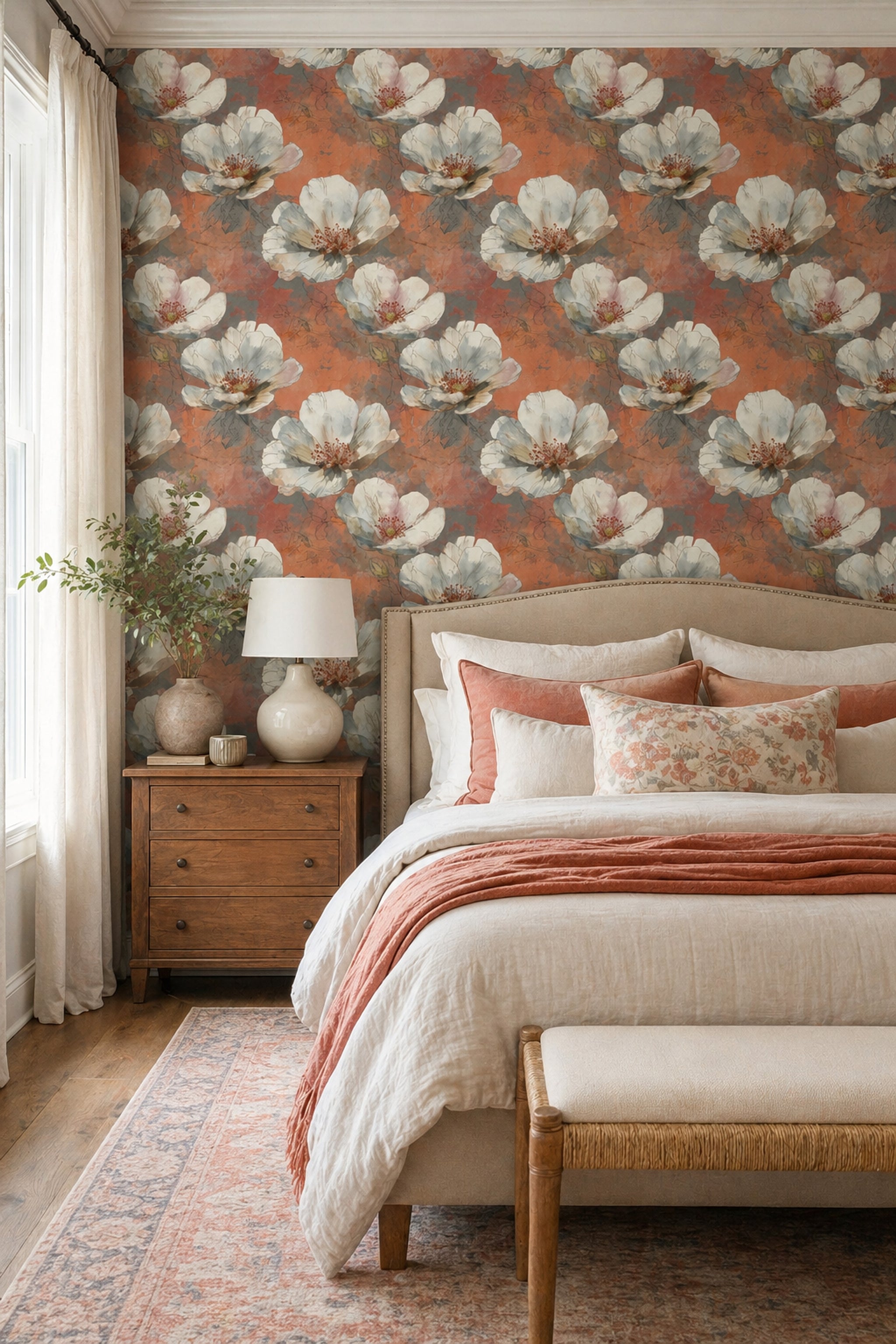 Floral Wallpaper Oversized White Blossoms Removable Watercolor Wash Wall Decor