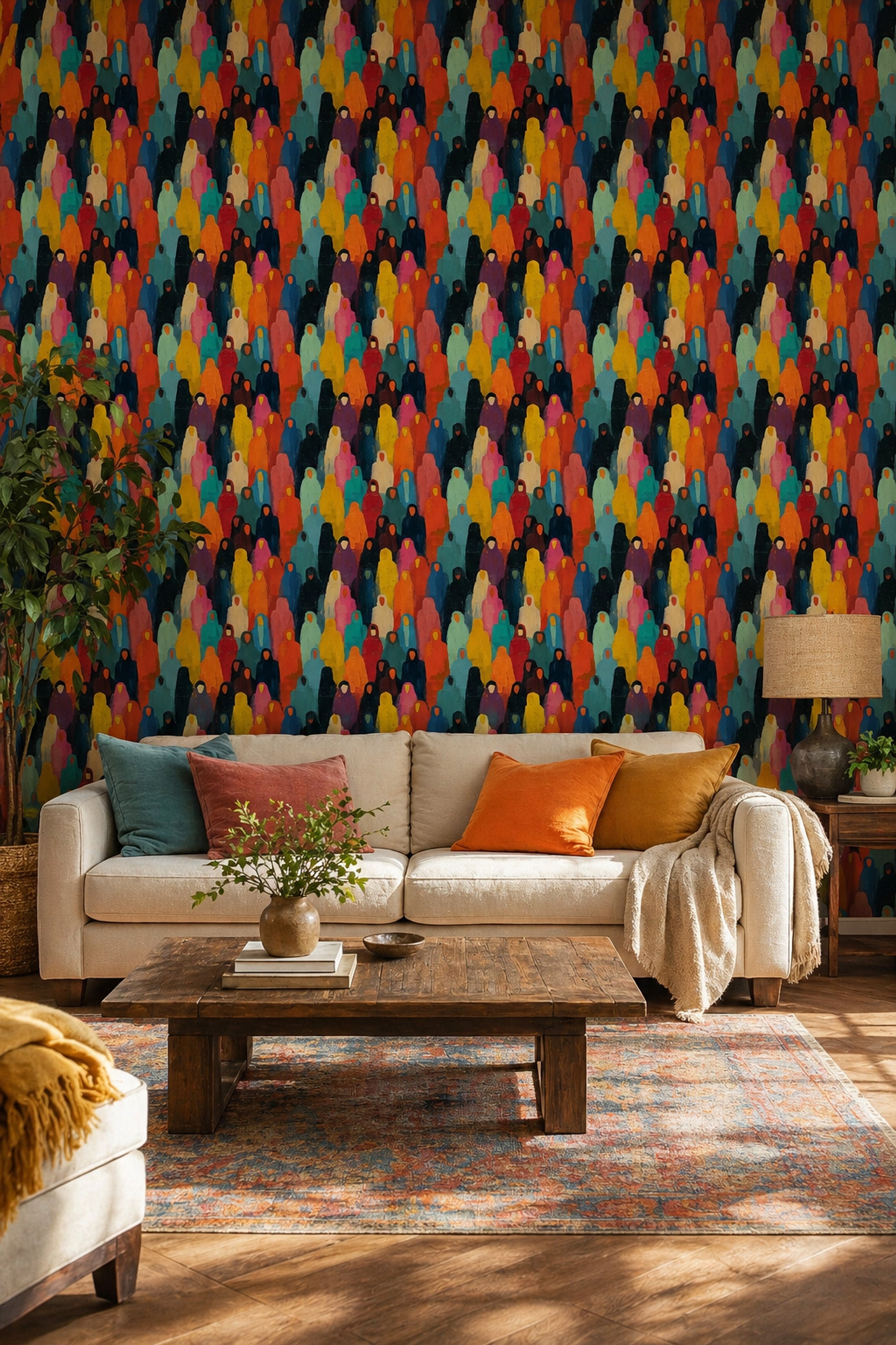 Abstract Crowd Wallpaper Hooded Figures Bold Color Blocks Decorative Mural