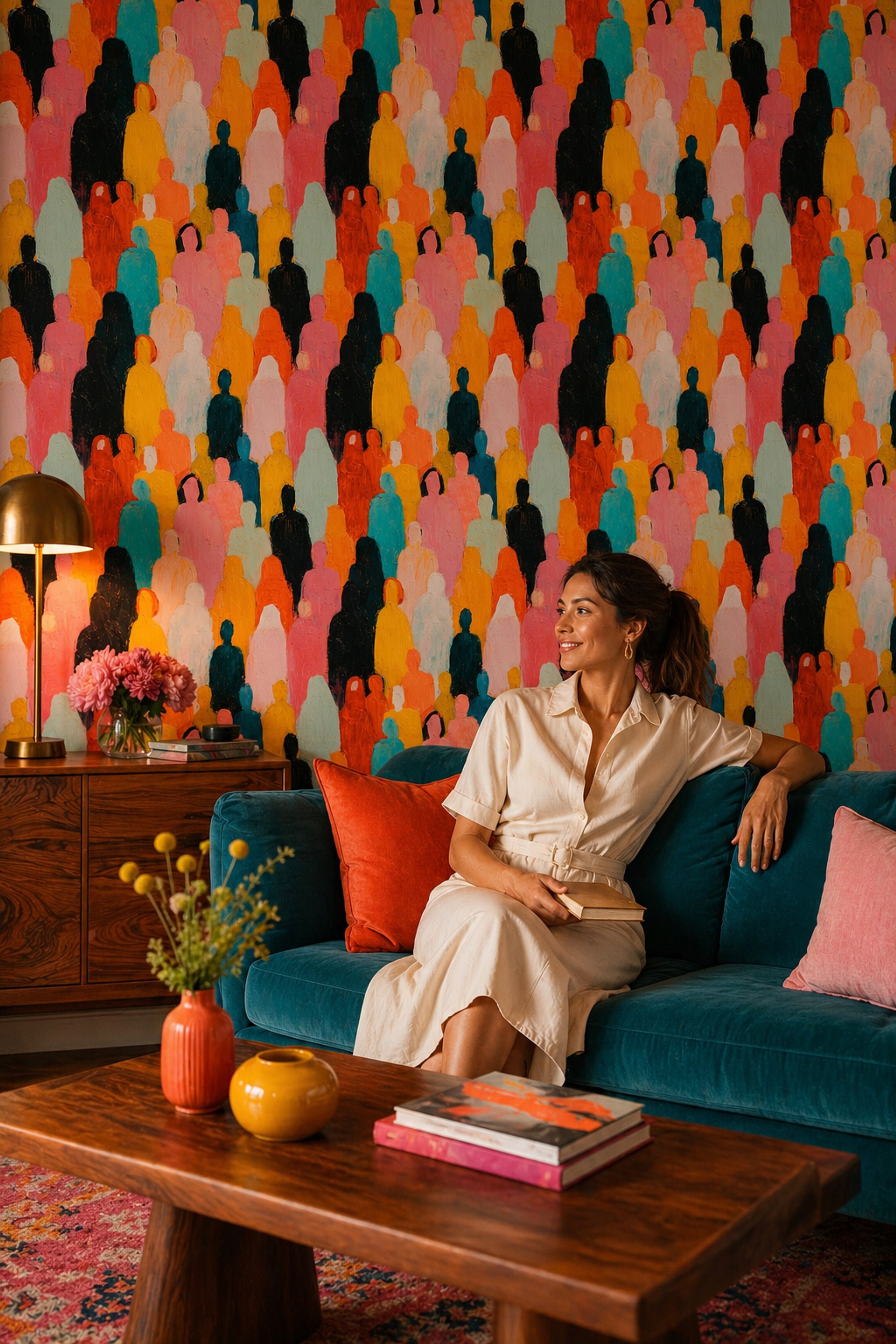Abstract Crowd Wallpaper Colorful Silhouettes Removable Impasto Texture Wall Decor