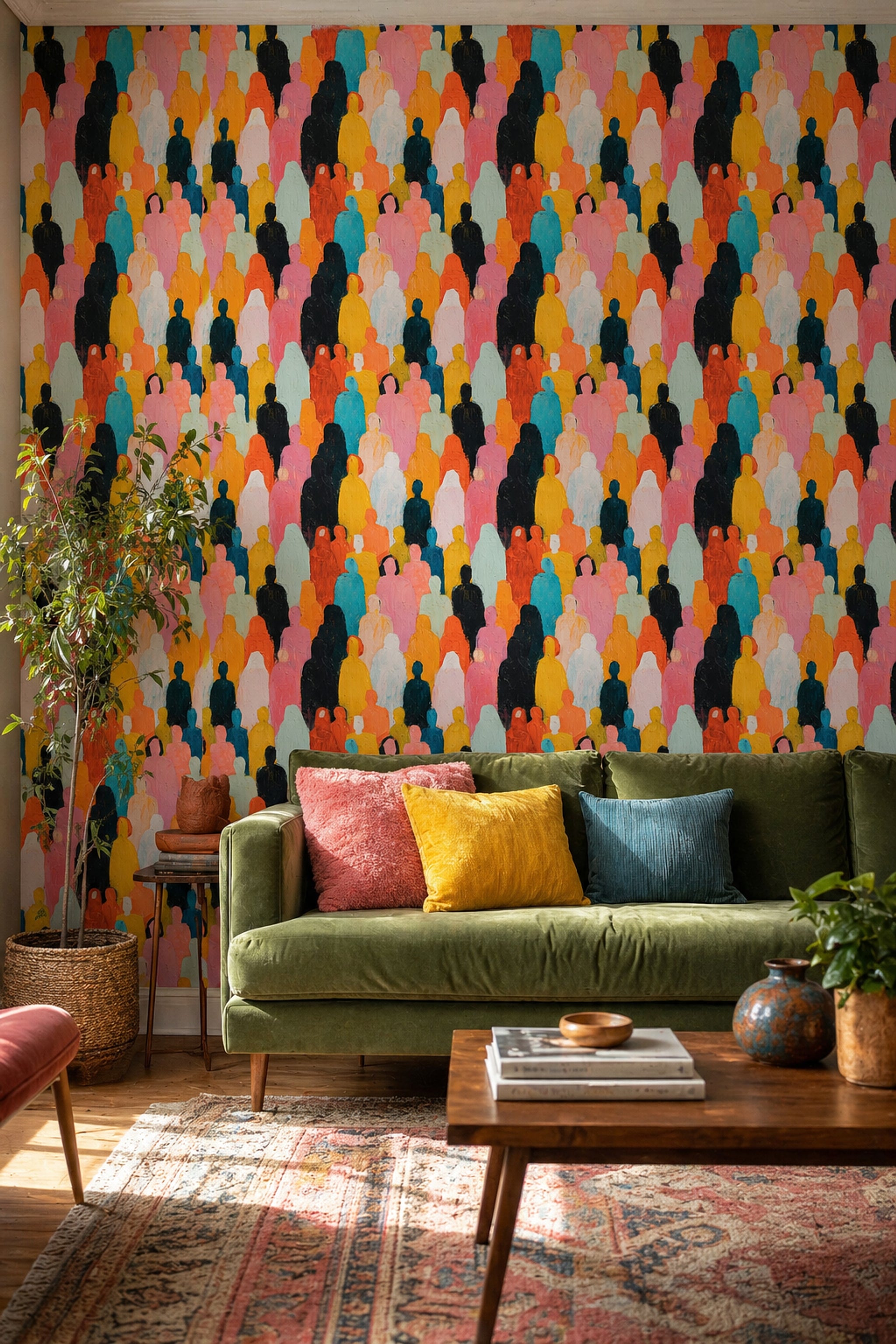Abstract Crowd Wallpaper Colorful Silhouettes Removable Impasto Texture Wall Decor