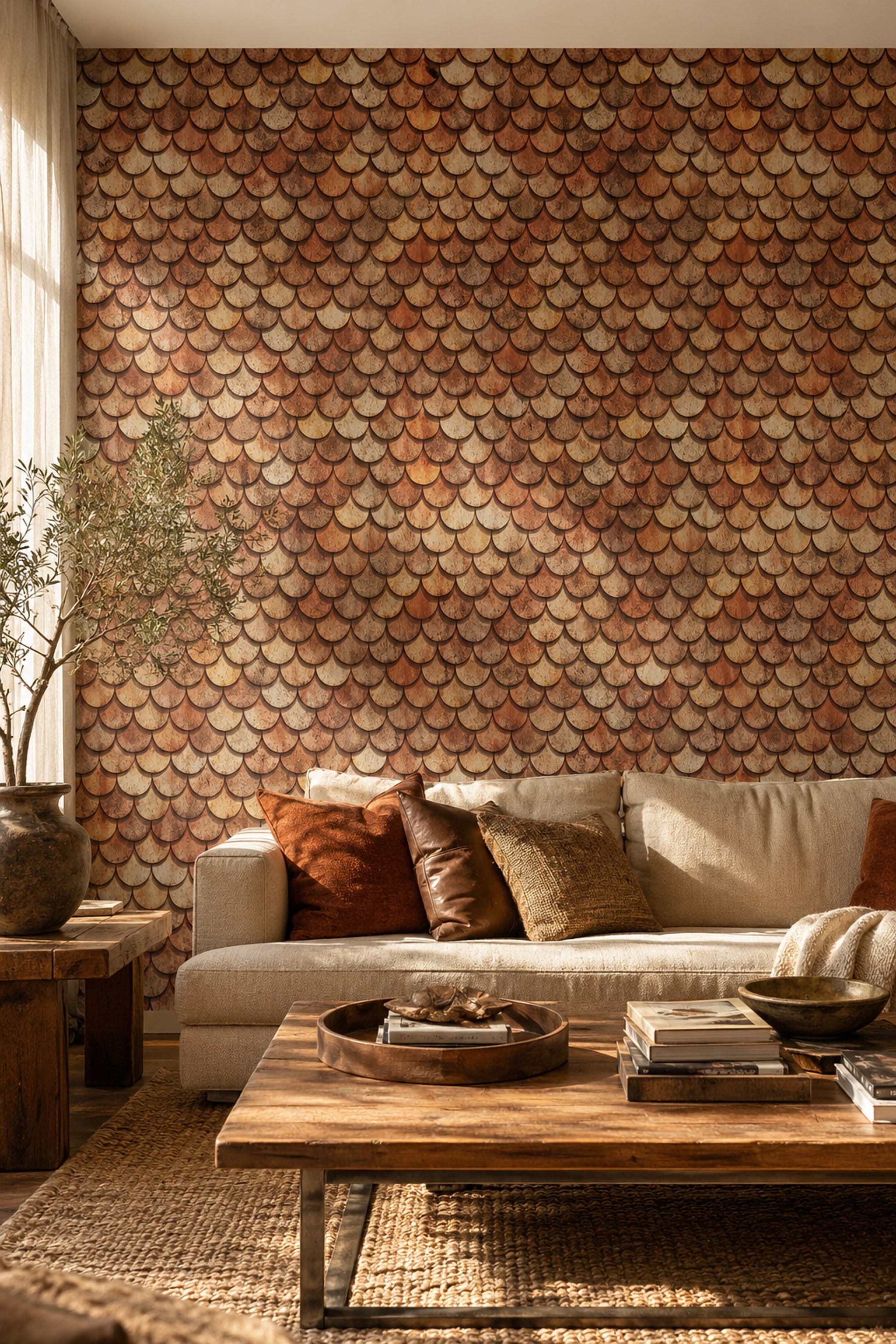 Rustic Wood Shingles Wallpaper Scallop Scale Pattern Removable Warm Brown Tan Wall Decor