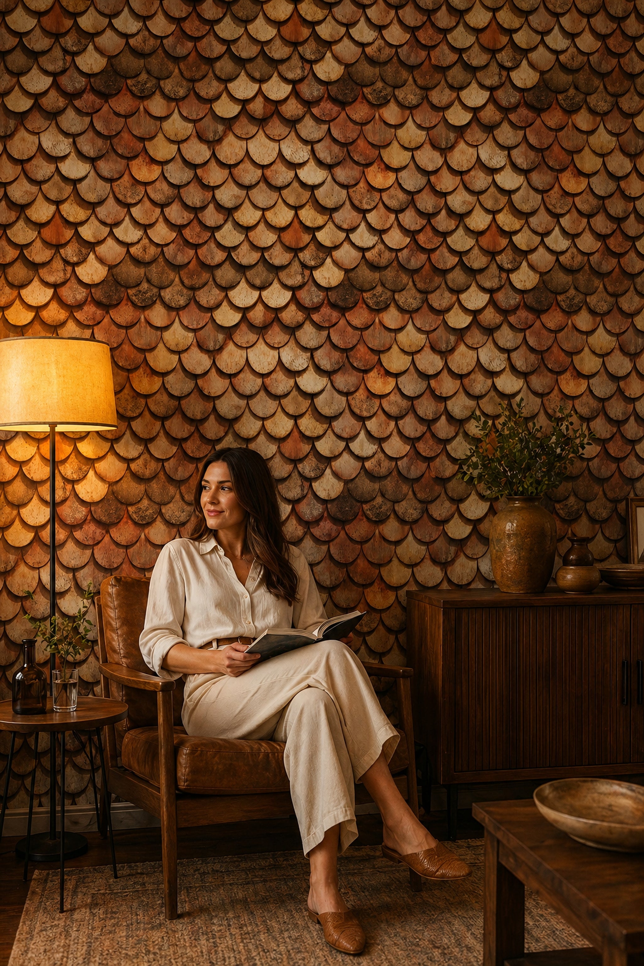 Rustic Wood Shingles Wallpaper Scallop Scale Pattern Removable Warm Brown Tan Wall Decor