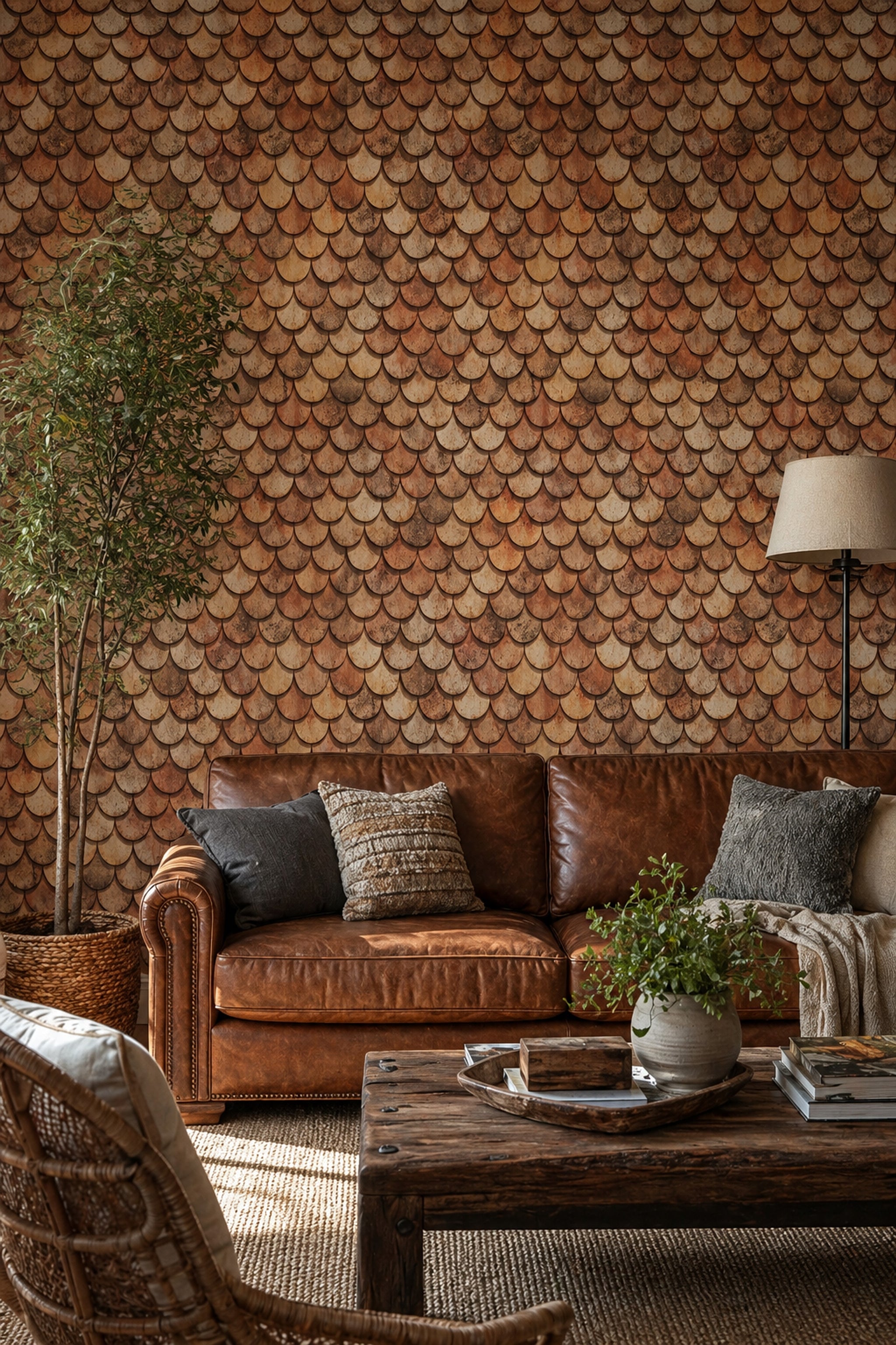 Rustic Wood Shingles Wallpaper Scallop Scale Pattern Removable Warm Brown Tan Wall Decor