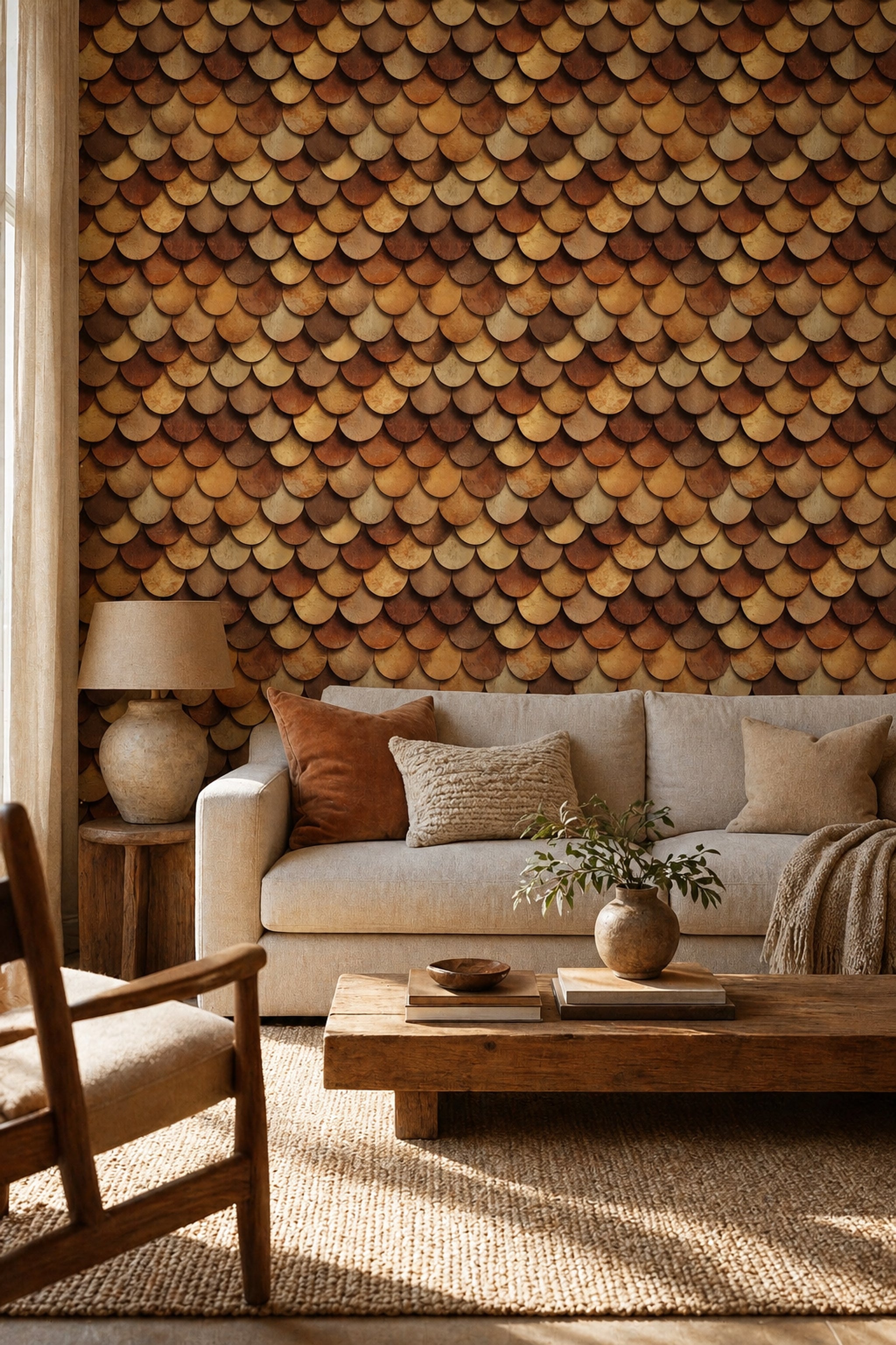 Rustic Wood Wallpaper Scallop Shingles Fish Scale Pattern Removable Wall Decor