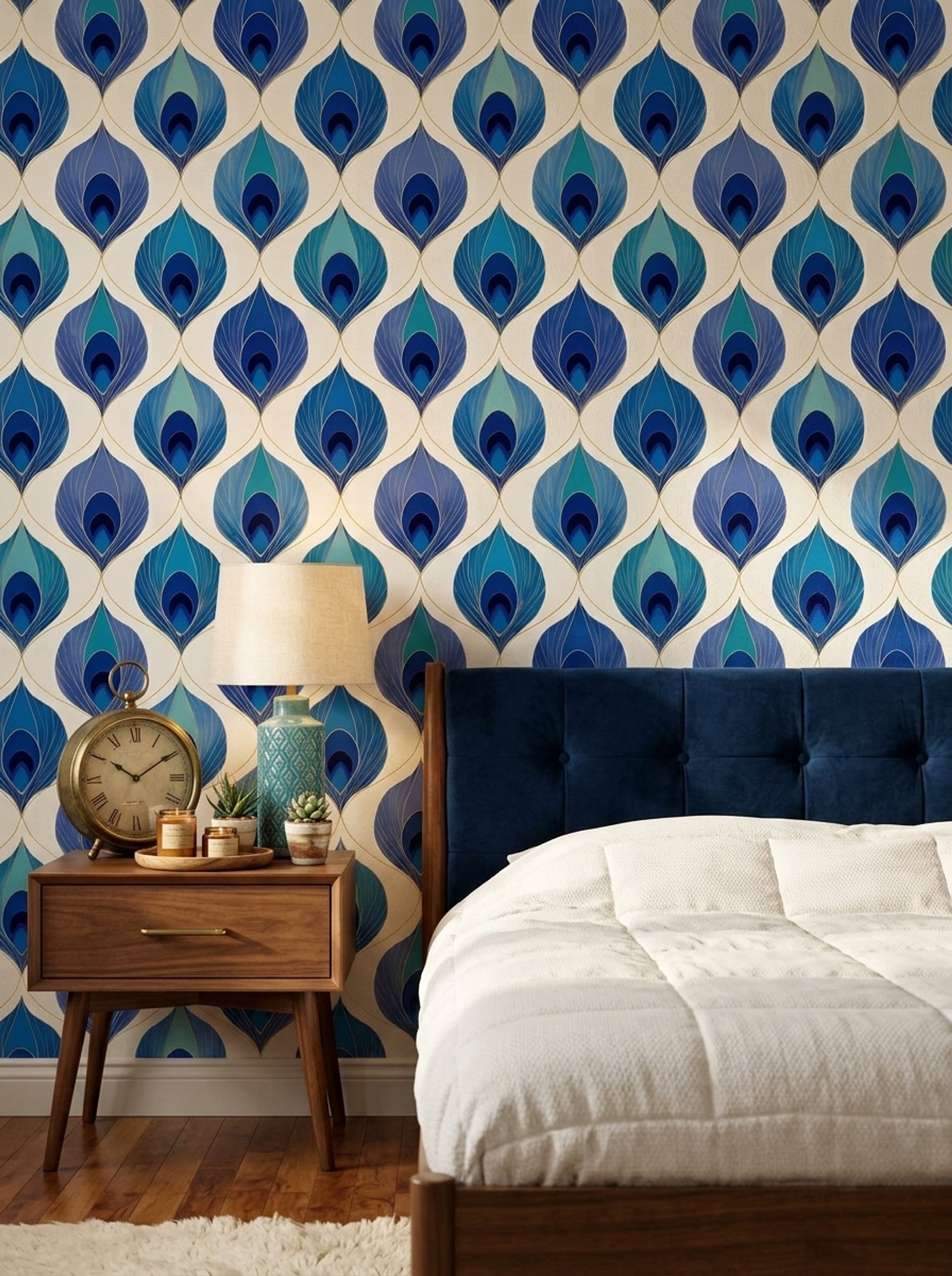 Peacock Feather Wallpaper Blue And Teal Gold Linework Decorative Mural