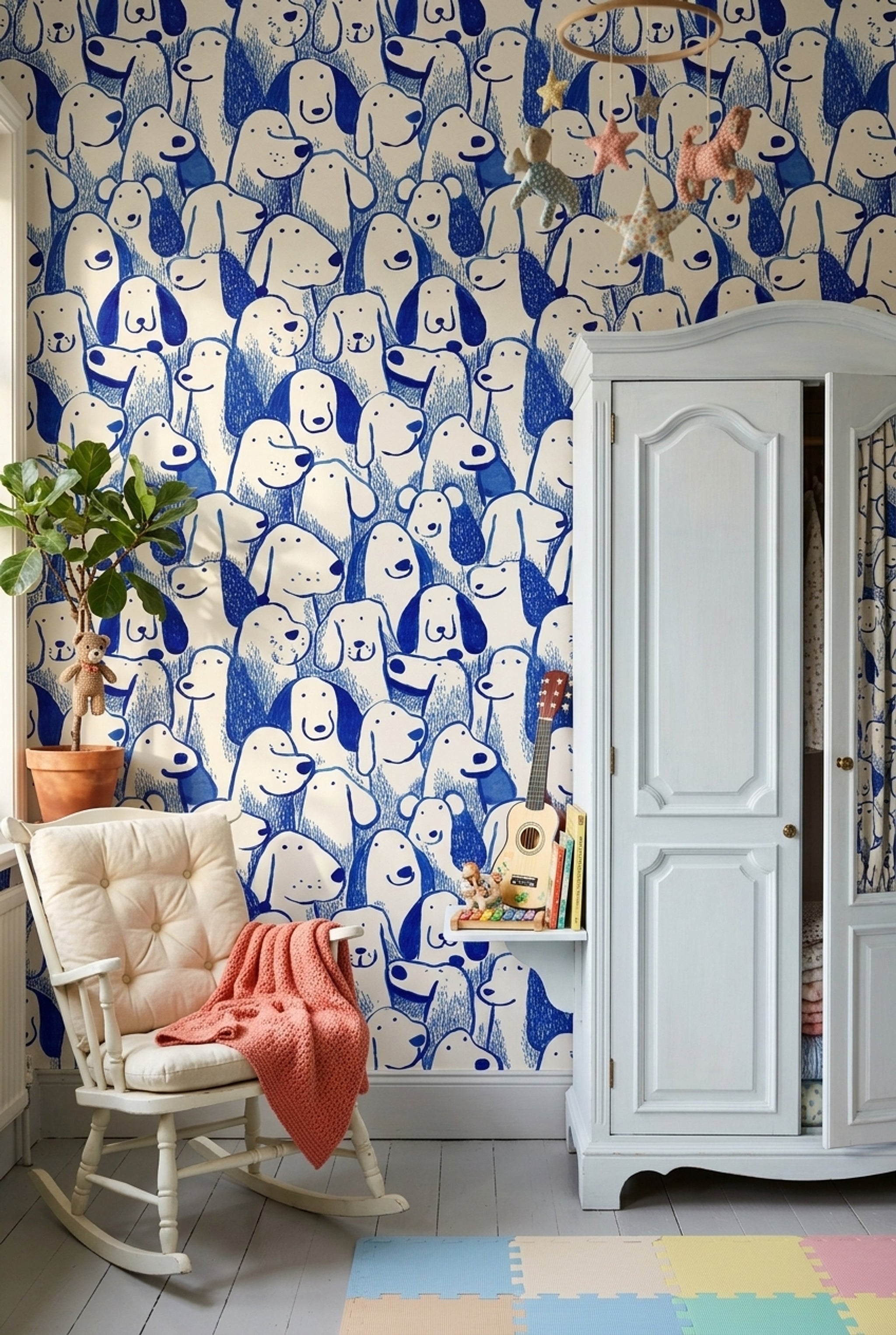 Blue And White Wallpaper Playful Dogs Hand Drawn Decorative Mural
