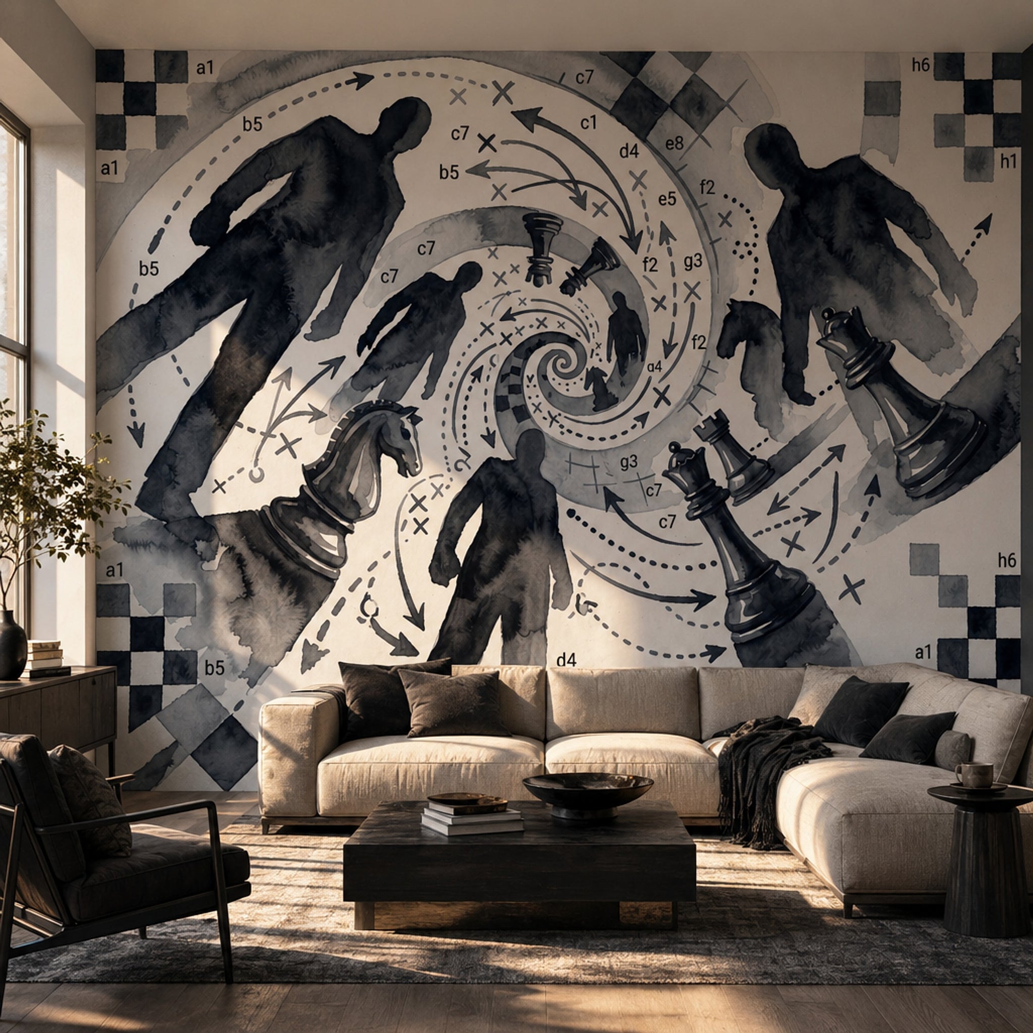 Abstract Chess Wallpaper Watercolor Ink Wash Strategy Diagram Removable Wall Decor