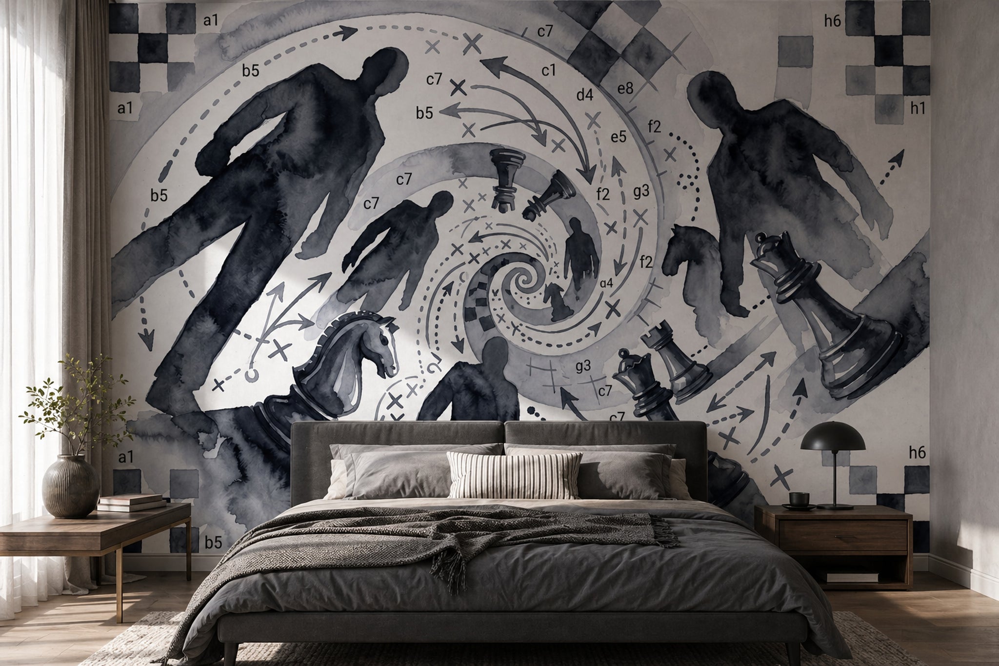 Abstract Chess Wallpaper Watercolor Ink Wash Strategy Diagram Removable Wall Decor