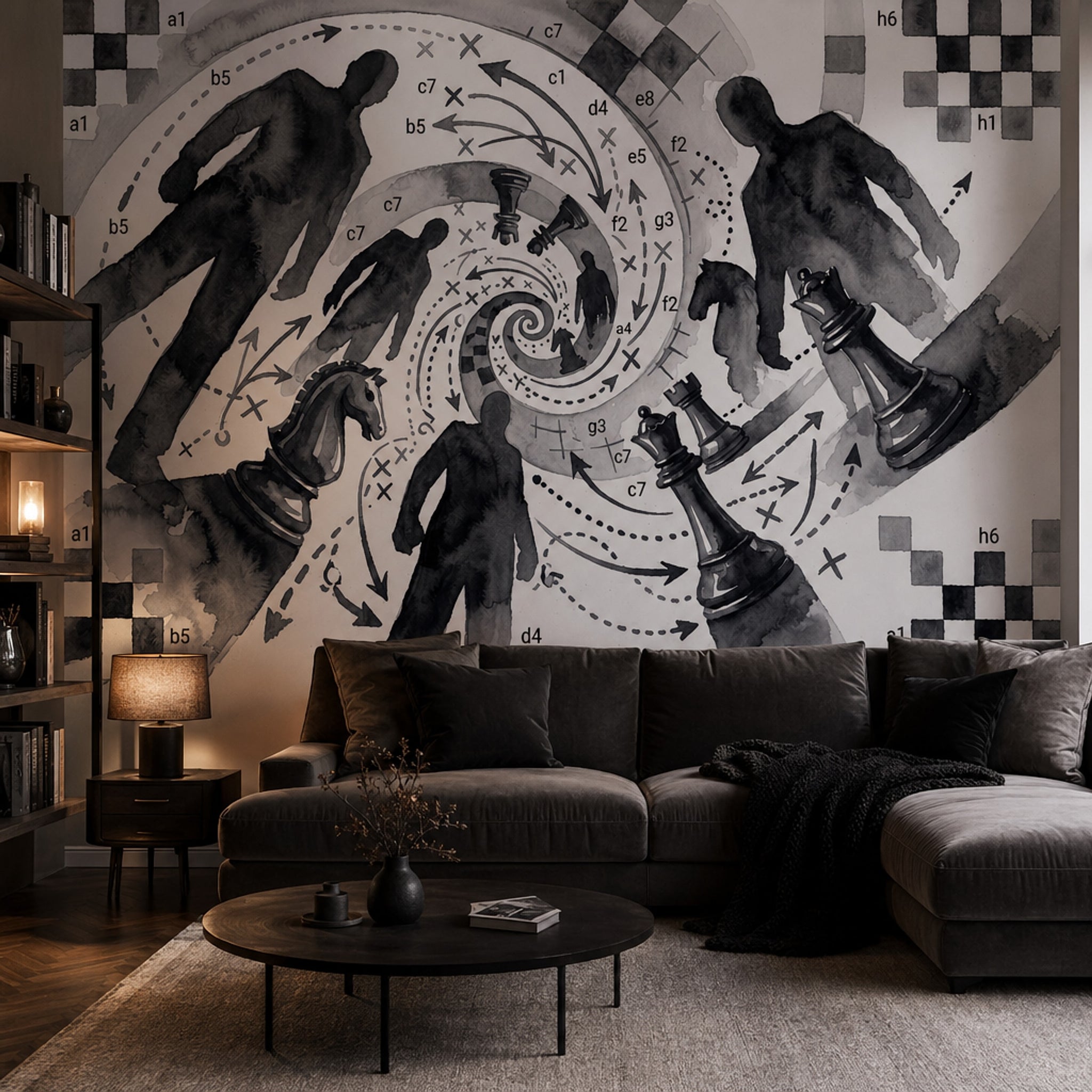 Abstract Chess Wallpaper Watercolor Ink Wash Strategy Diagram Removable Wall Decor