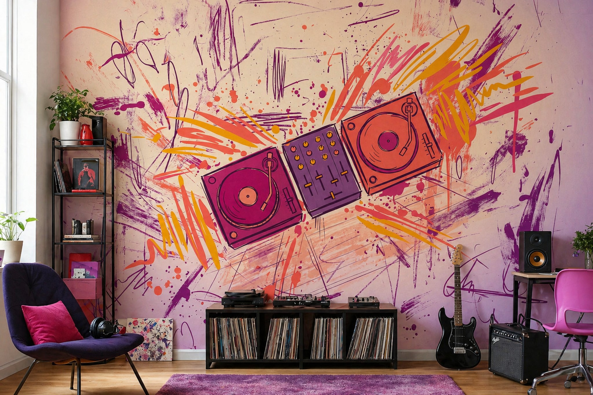 DJ Turntables Wallpaper Mixer Console Graffiti Scribbles Wall Mural