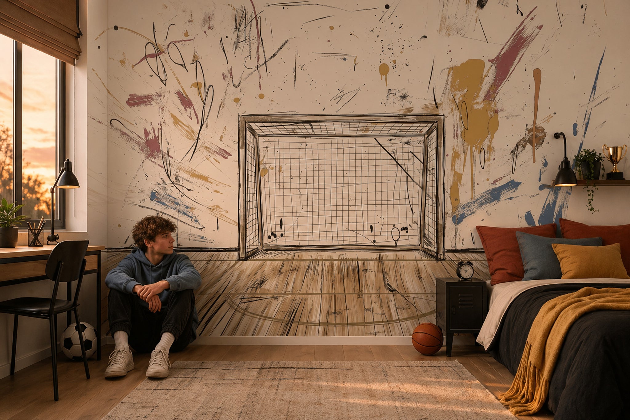Abstract Wallpaper Soccer Goal Removable Modern Mural Wall Decor