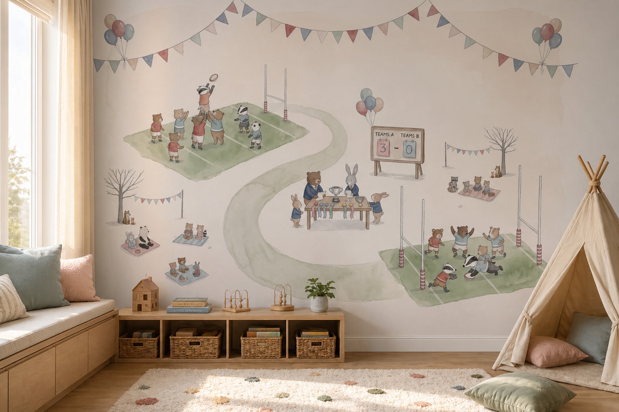 Whimsical Animals Wallpaper Sports Day Removable Rugby Field Wall Decor