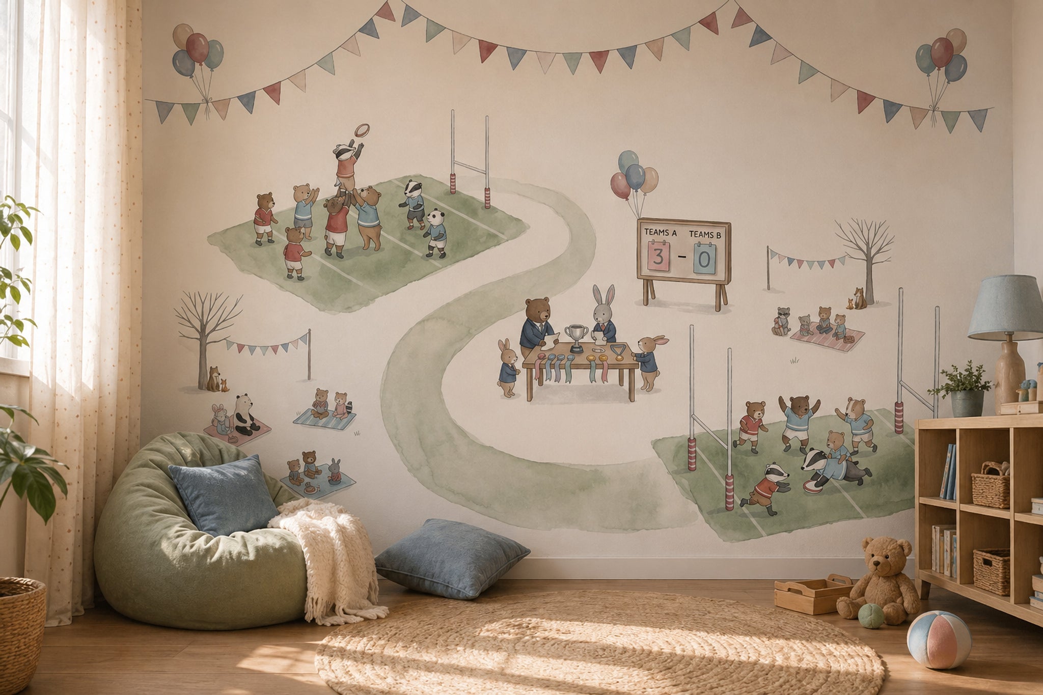 Whimsical Animals Wallpaper Sports Day Removable Rugby Field Wall Decor