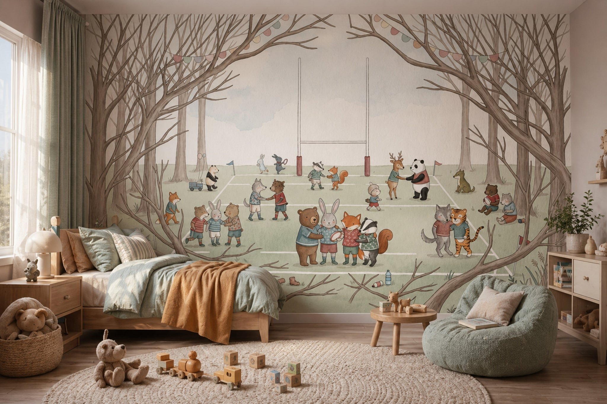 Woodland Sports Field Wallpaper Cute Animals Storybook Illustration Wall Mural
