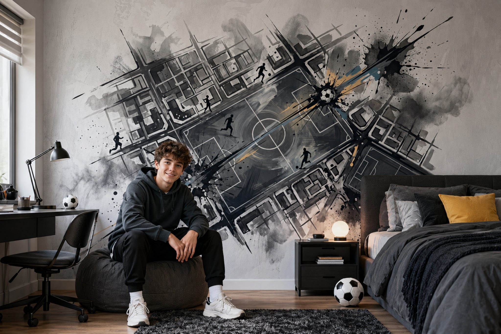 Soccer Field Wallpaper Urban Map Grid Removable Ink Splatter Wall Decor