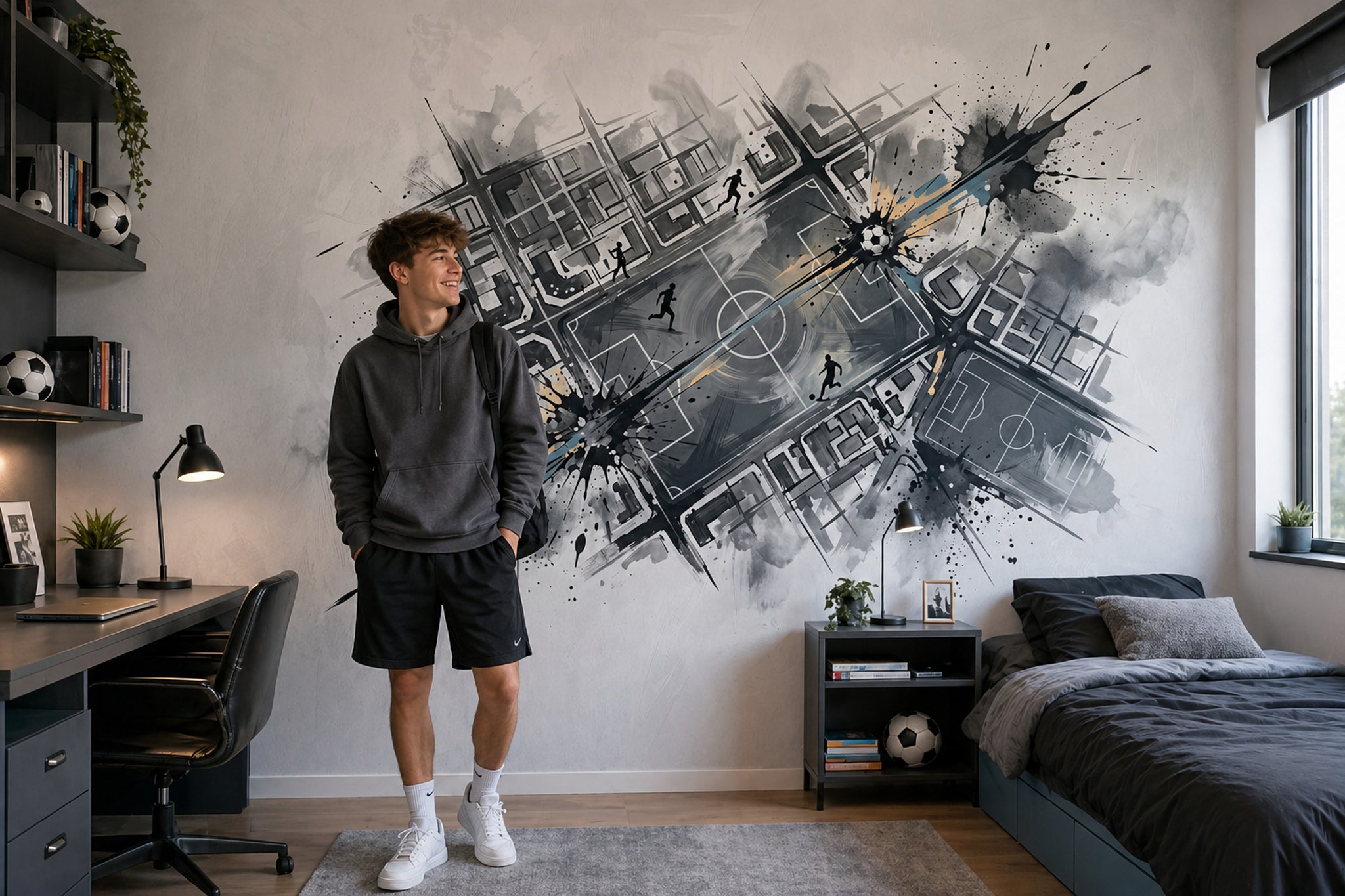 Soccer Field Wallpaper Urban Map Grid Removable Ink Splatter Wall Decor