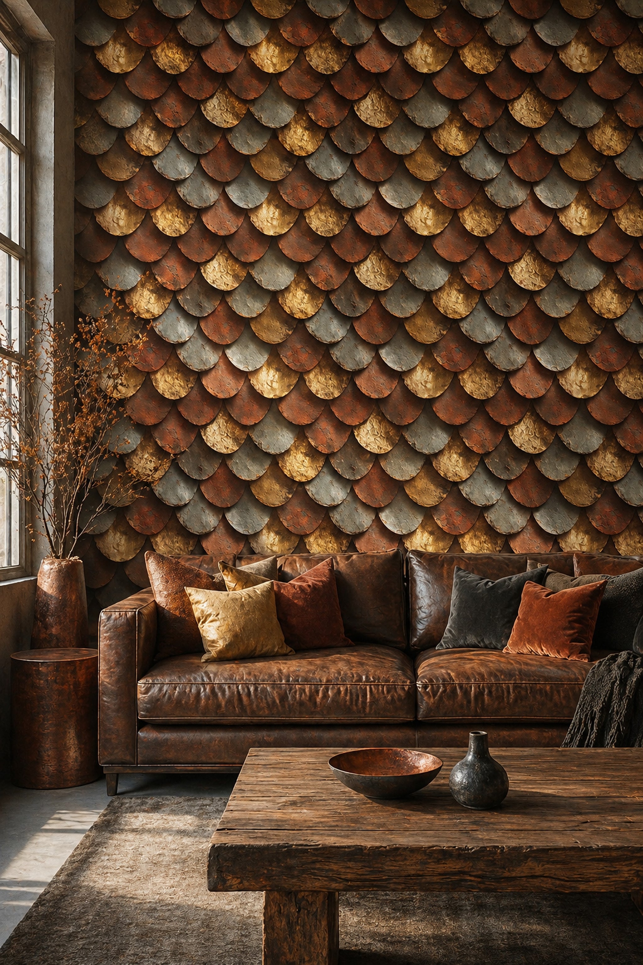 Scallop Scales Wallpaper Overlapping Tiles Rust Patina Decorative Mural
