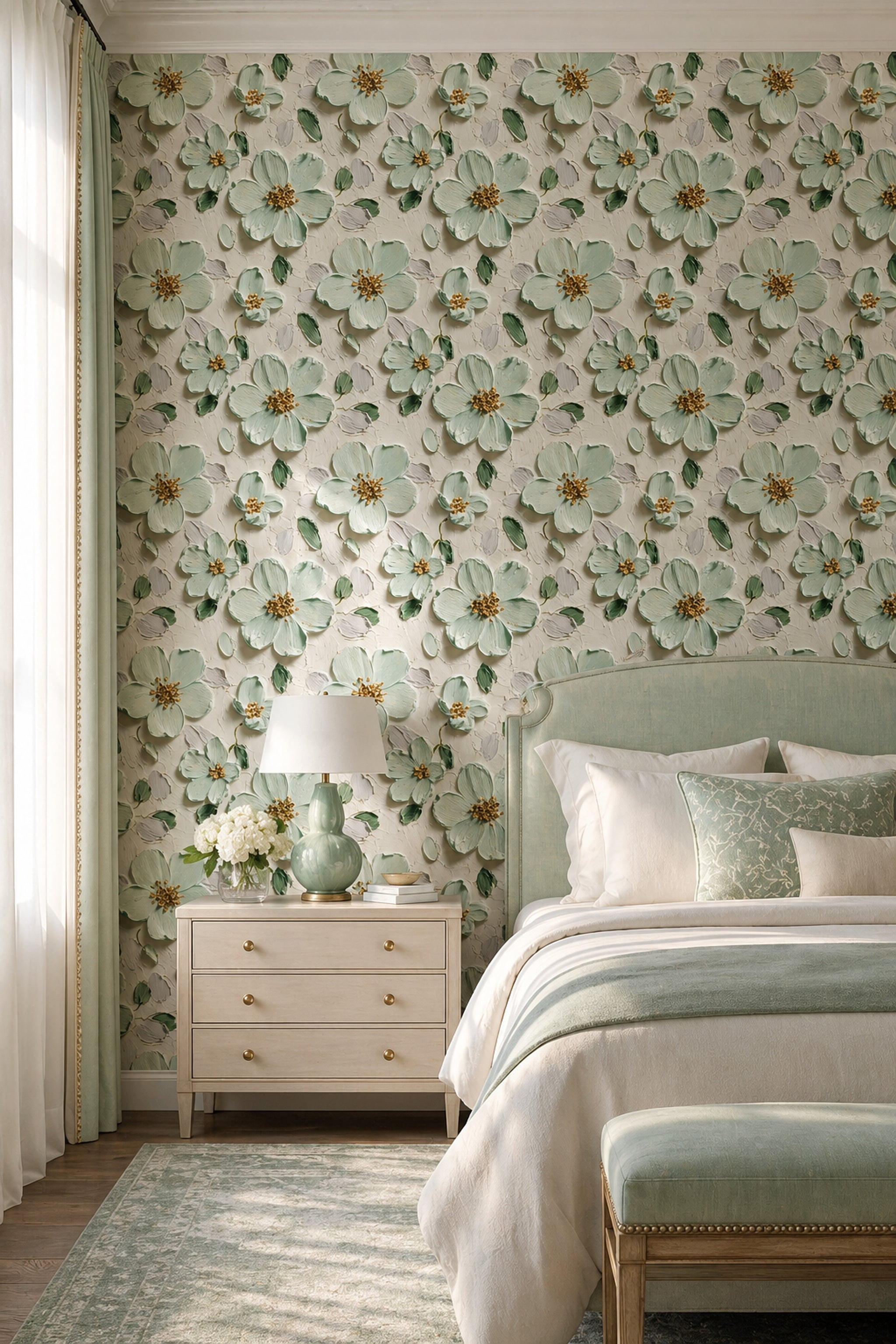 Floral Wallpaper Impasto Texture Removable Mint Green Petals Wall Decor