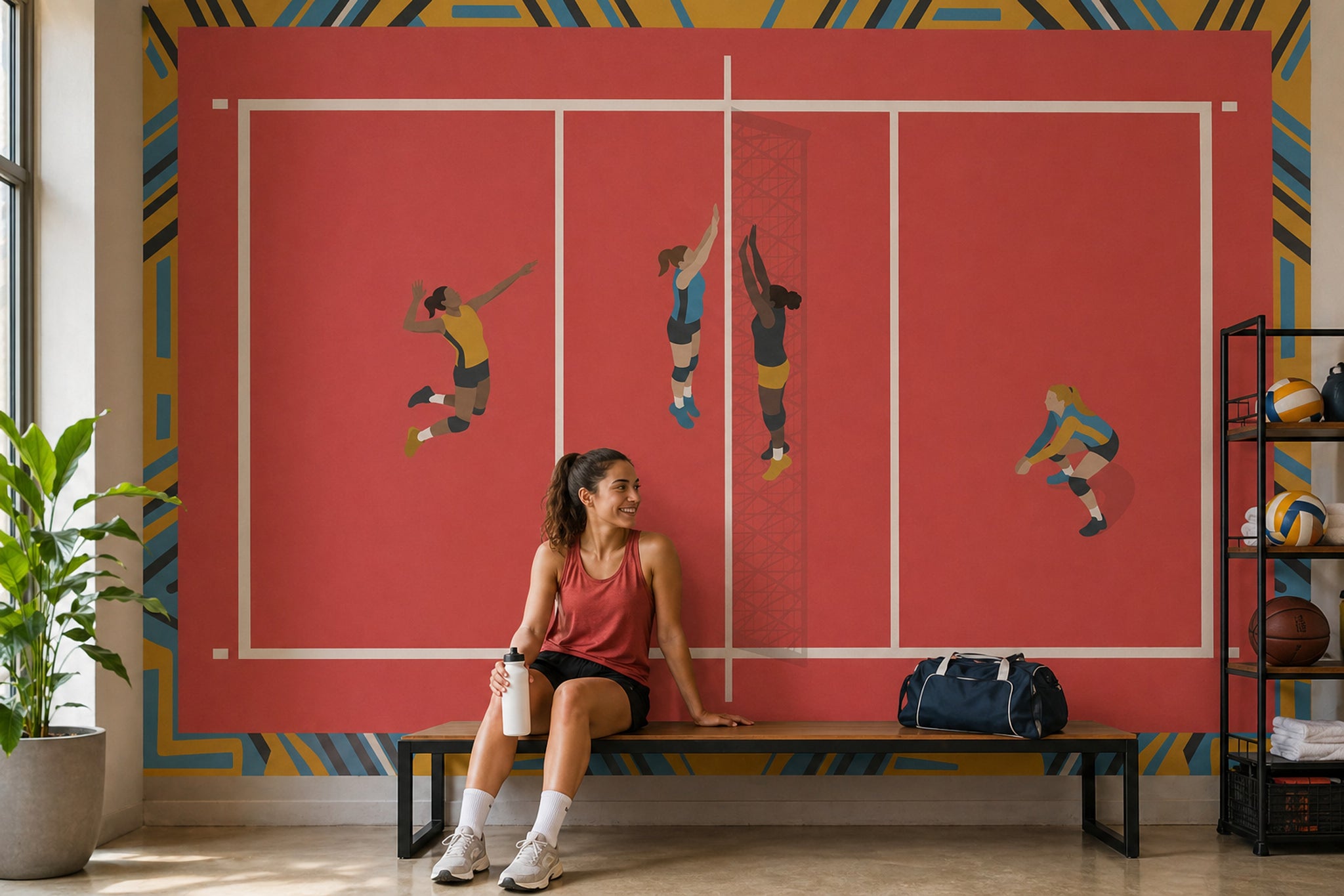 Volleyball Court Wallpaper Sports Illustration Geometric Border Wall Mural
