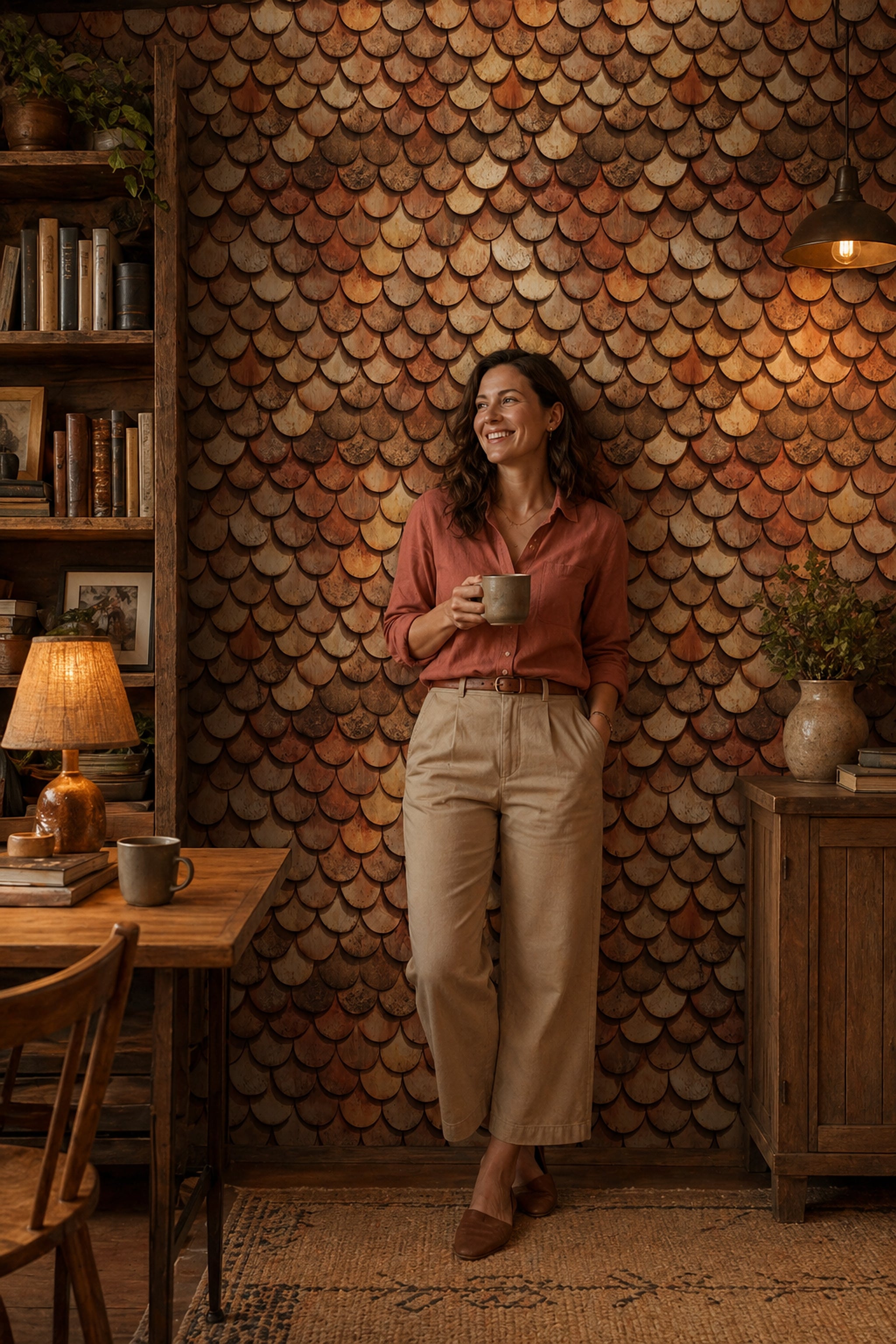 Rustic Wood Shingles Wallpaper Scallop Scales Pattern