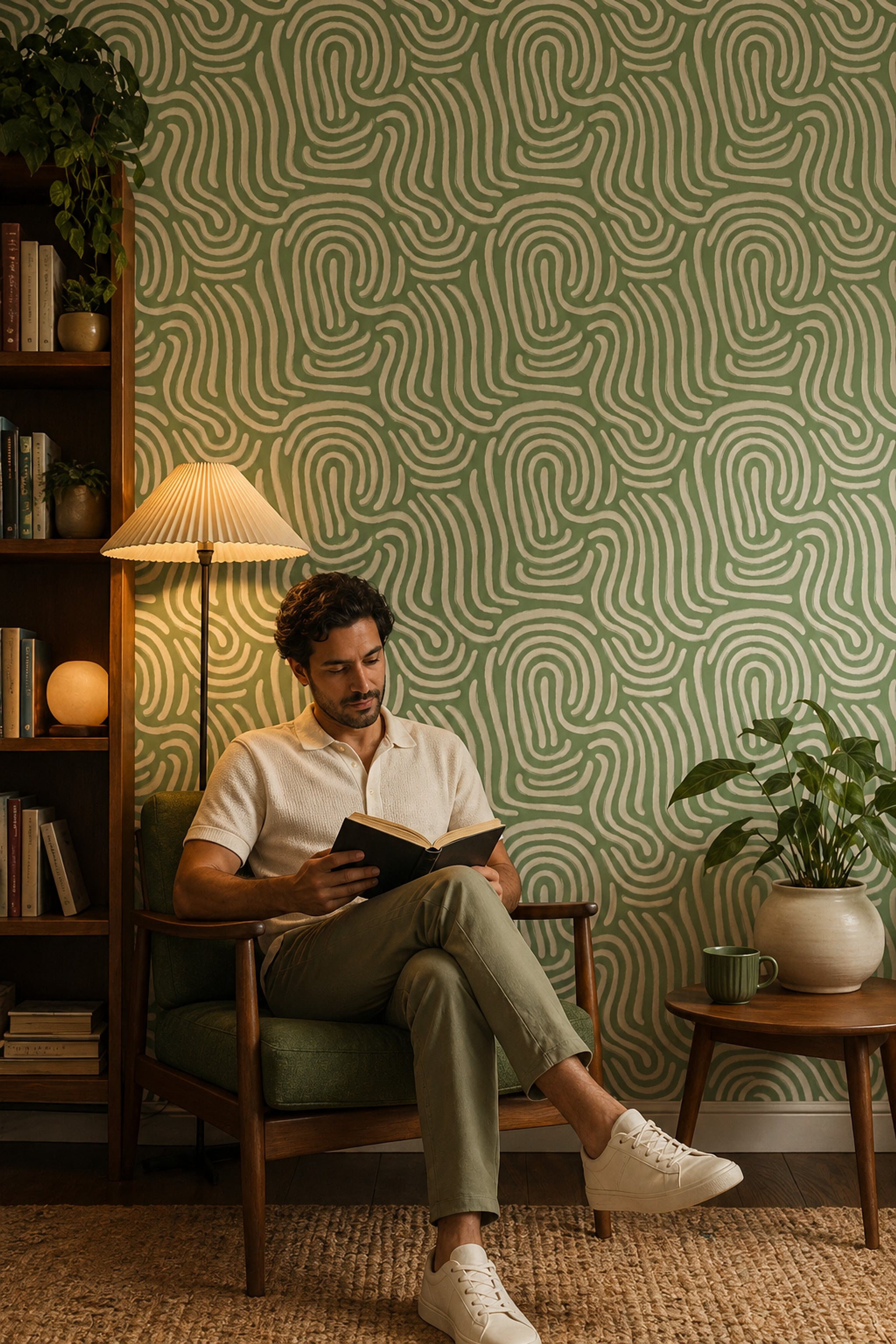 Abstract Swirl Wallpaper Sage Green Removable Cream Brushstrokes Wall Decor