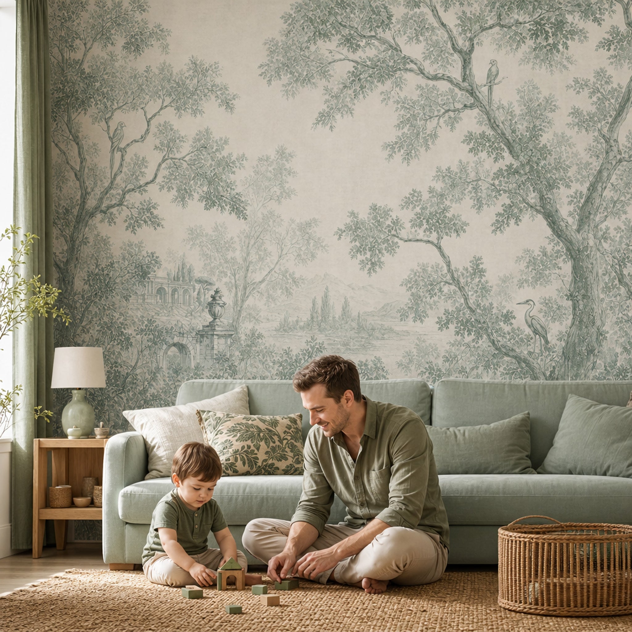 Toile Landscape Wallpaper Sage Green Removable Trees And Foliage Wall Decor