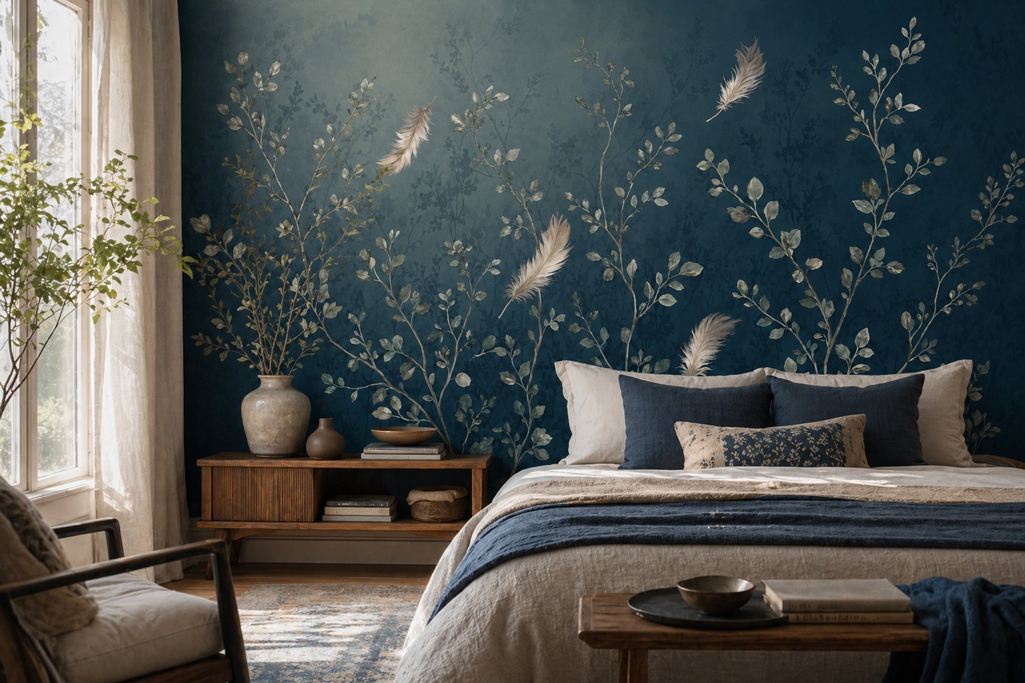 Dark Botanical Wallpaper Watercolor Foliage Floating Feathers Removable Wall Decor