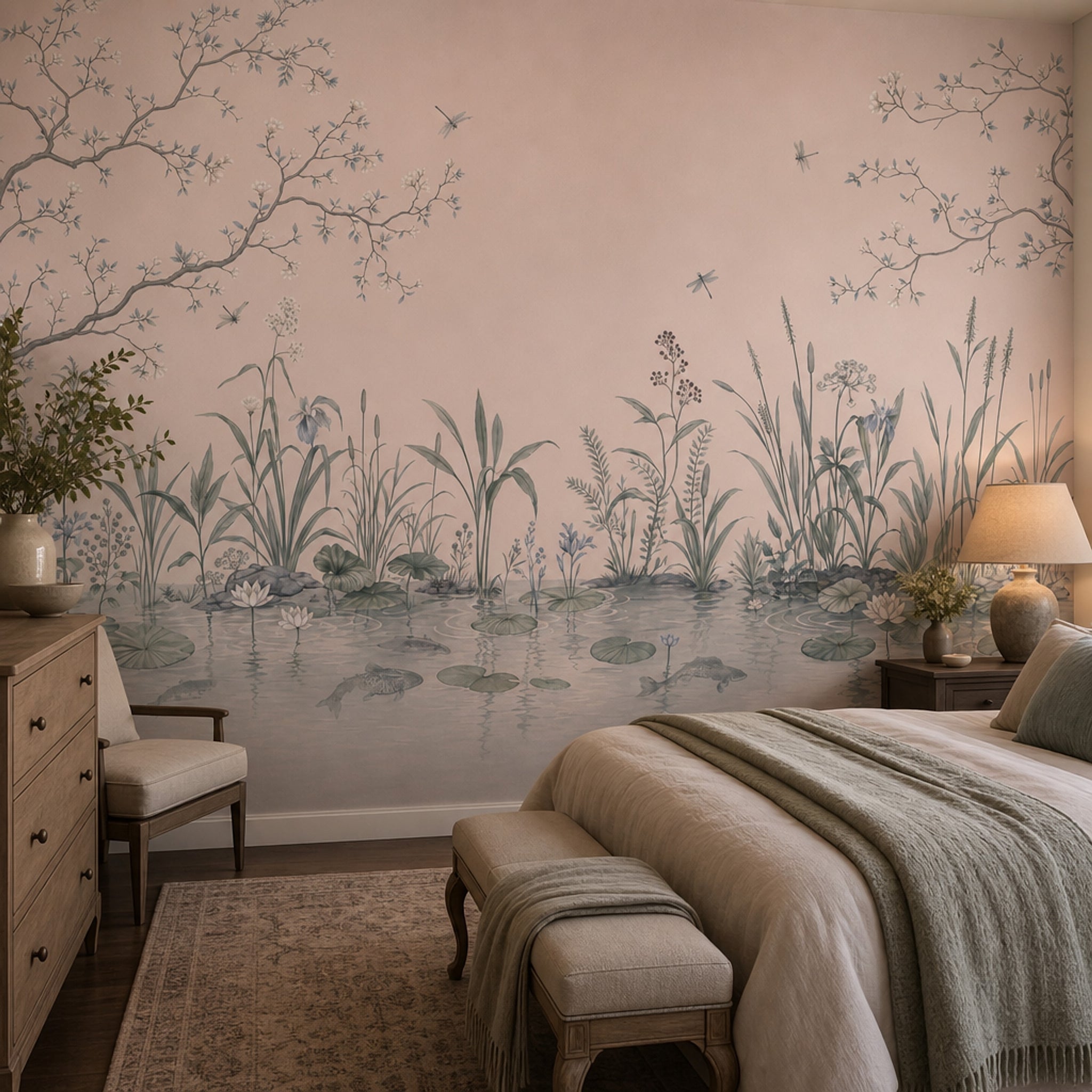 Pond Landscape Wallpaper Water Lilies Pastel Pink Background Wall Mural