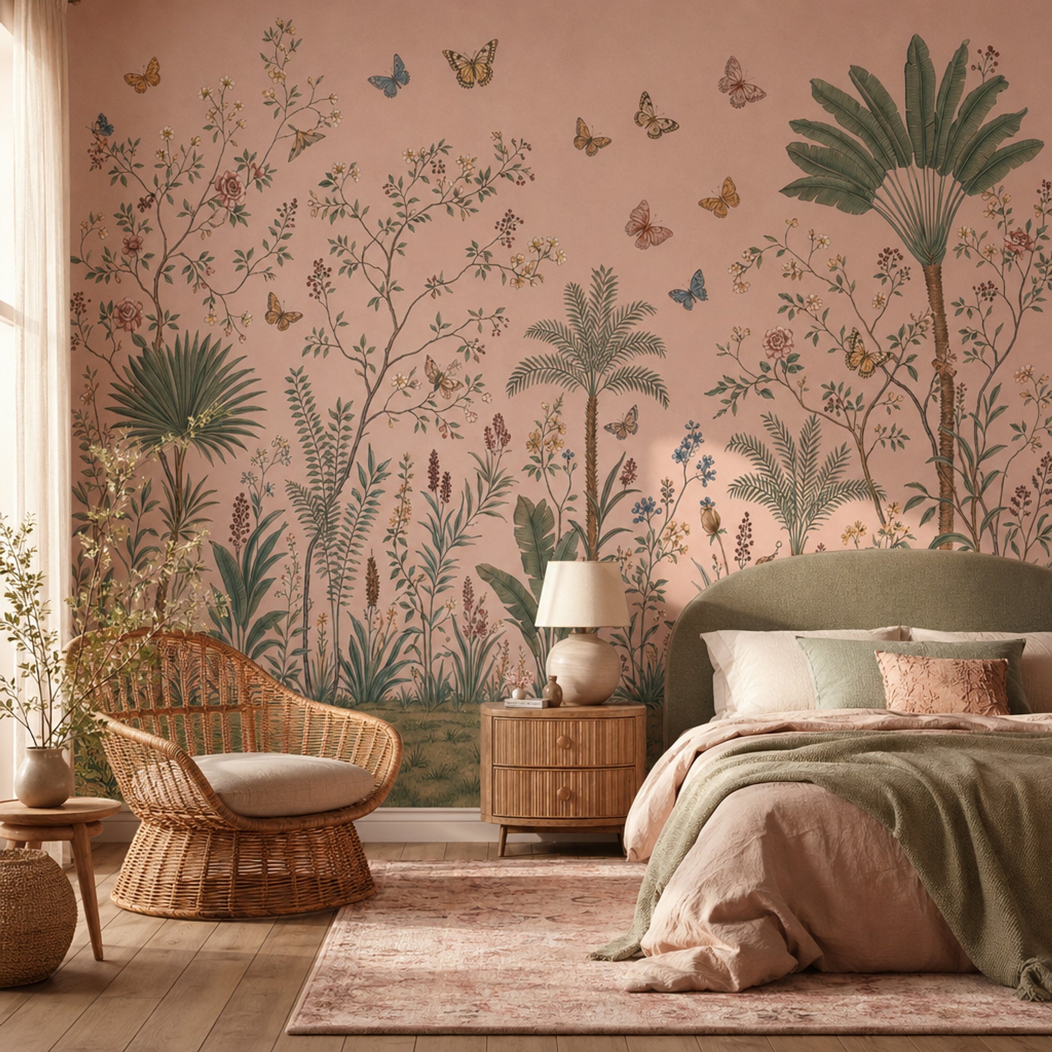Botanical Illustration Wallpaper Tropical Palms Removable Butterflies Wall Decor