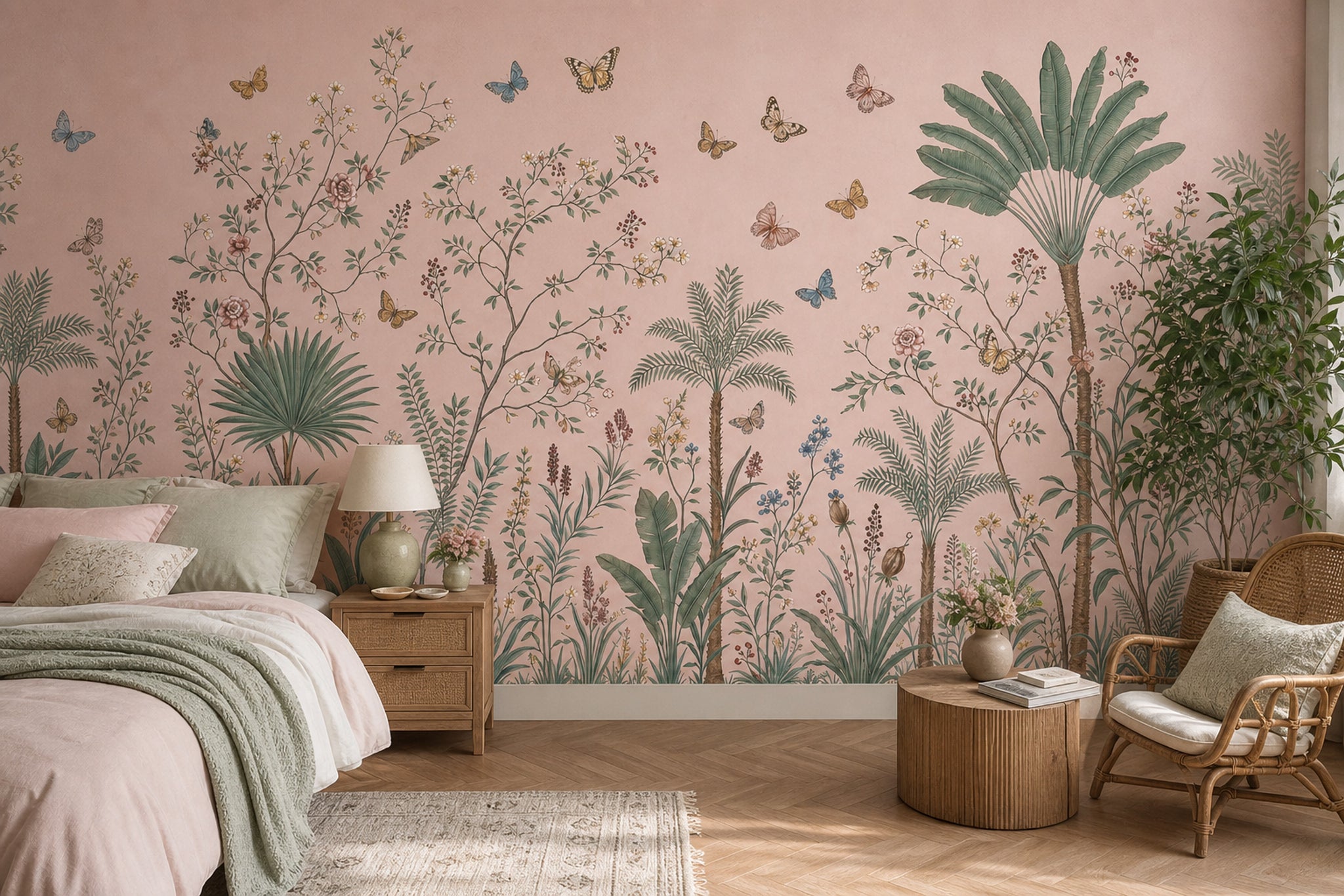 Botanical Illustration Wallpaper Tropical Palms Removable Butterflies Wall Decor