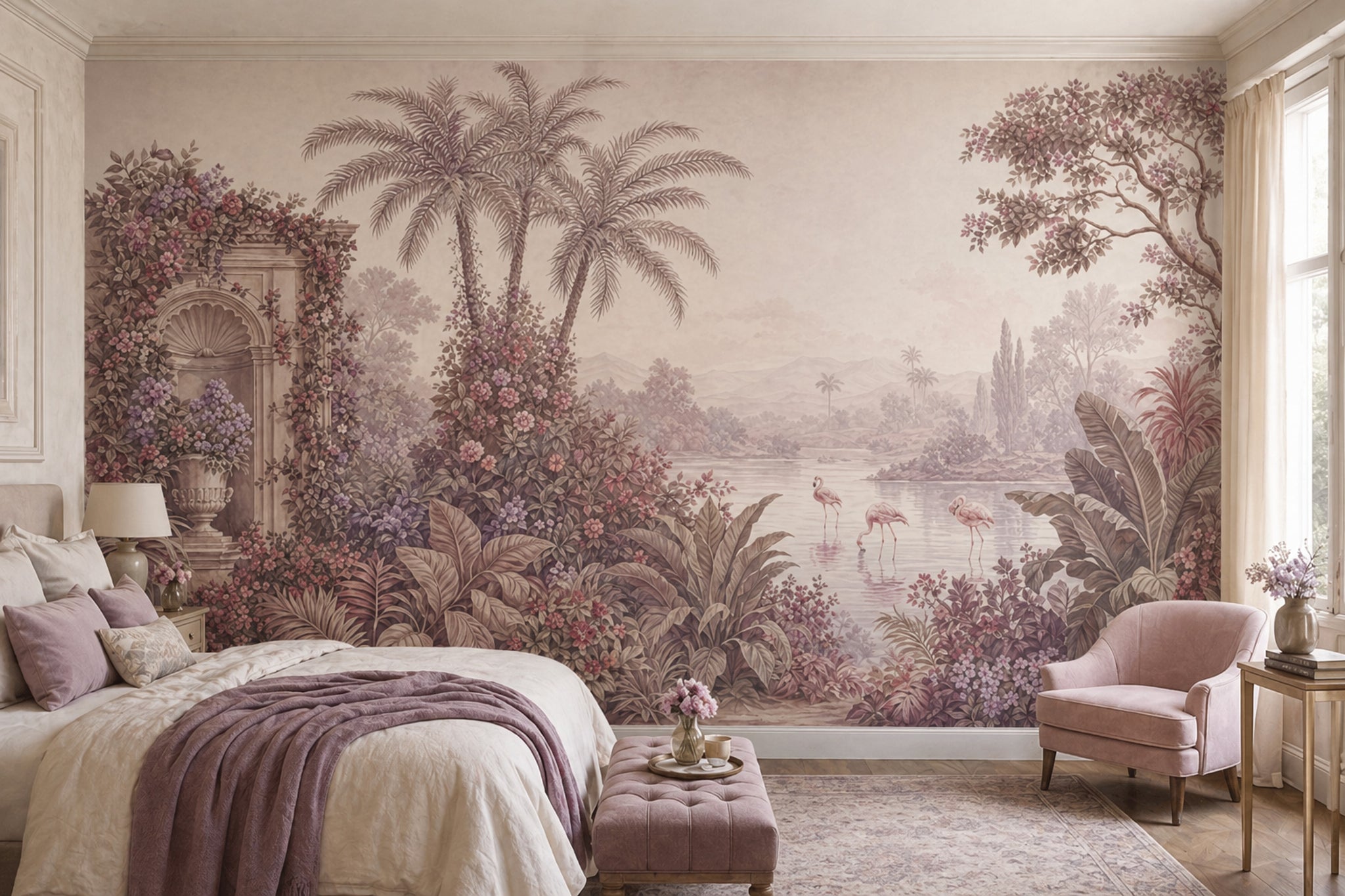 Tropical Landscape Mural Wallpaper Flamingos In Lake Palm Trees Wall Mural