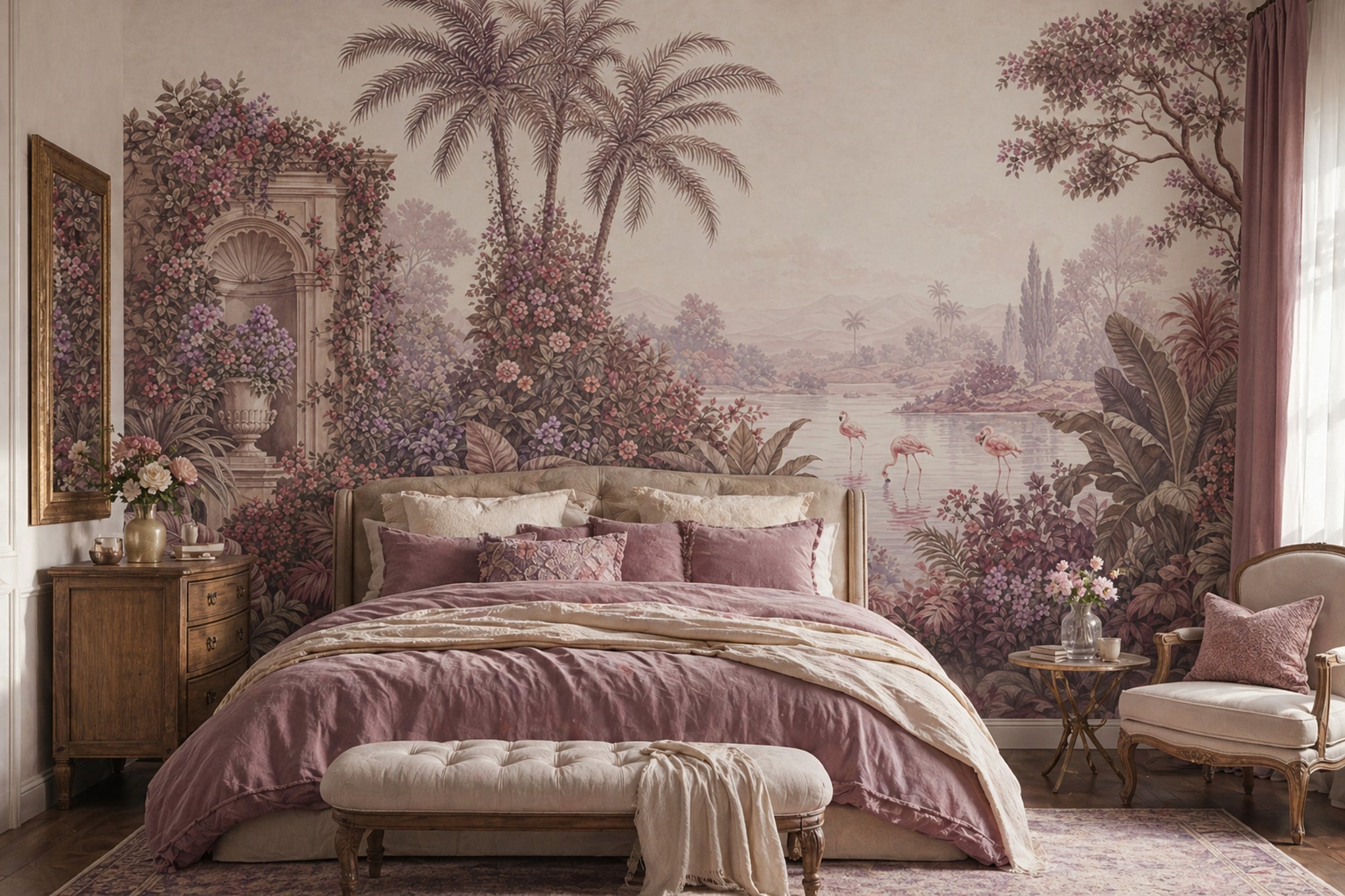 Tropical Landscape Mural Wallpaper Flamingos In Lake Palm Trees Wall Mural