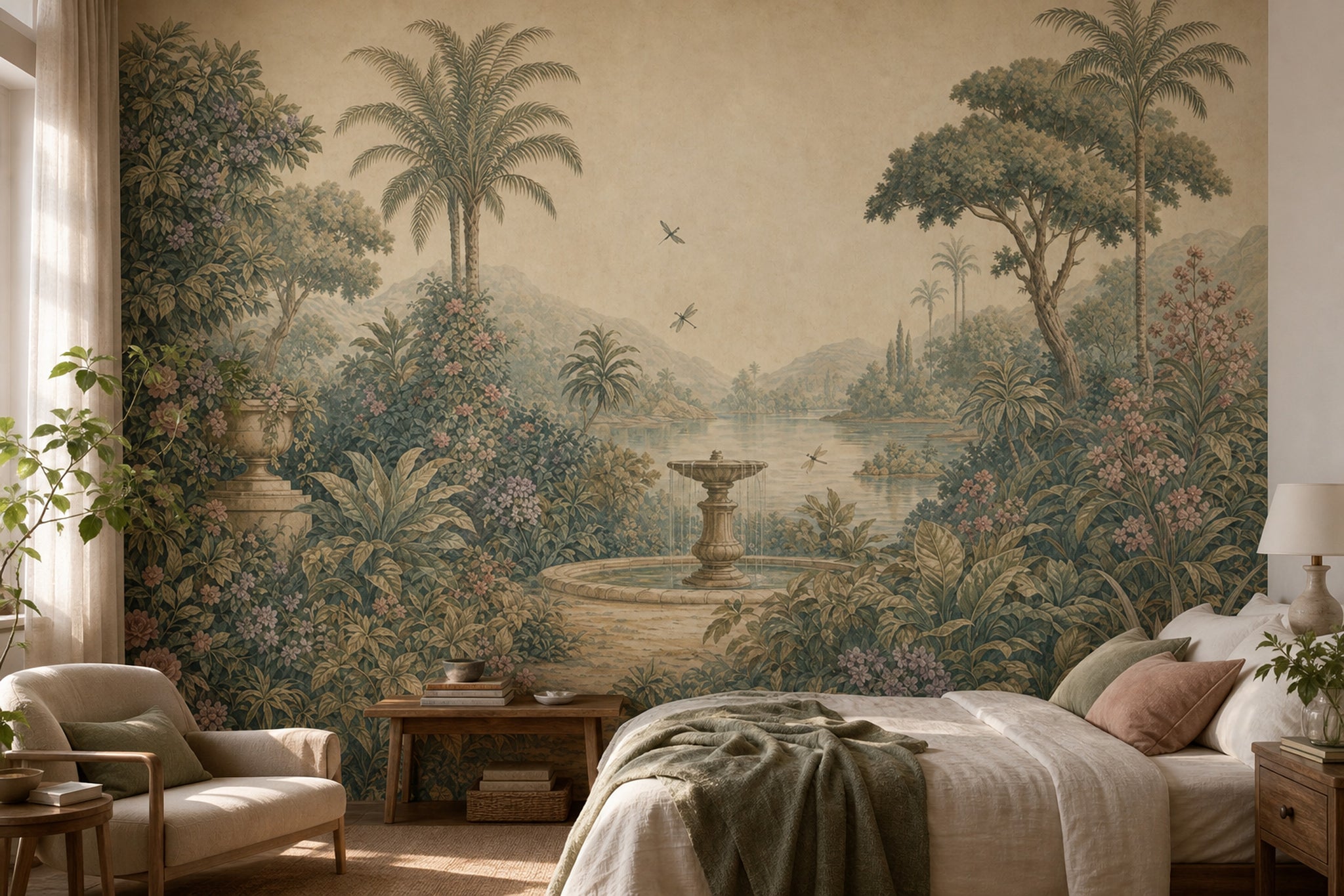 Muted Green Wallpaper Tropical Garden Palm Trees Wall Mural