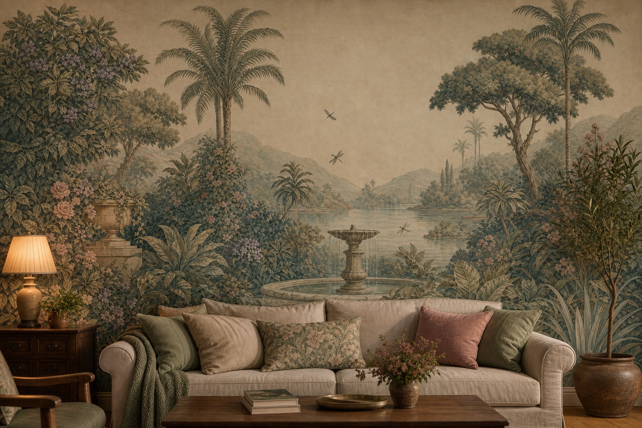 Muted Green Wallpaper Tropical Garden Palm Trees Wall Mural