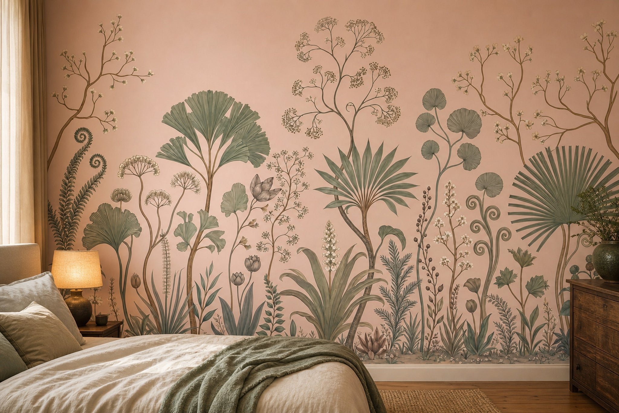 Pastel Botanical Wallpaper Blush Pink Background Sage Green Foliage Removable Wall Decor