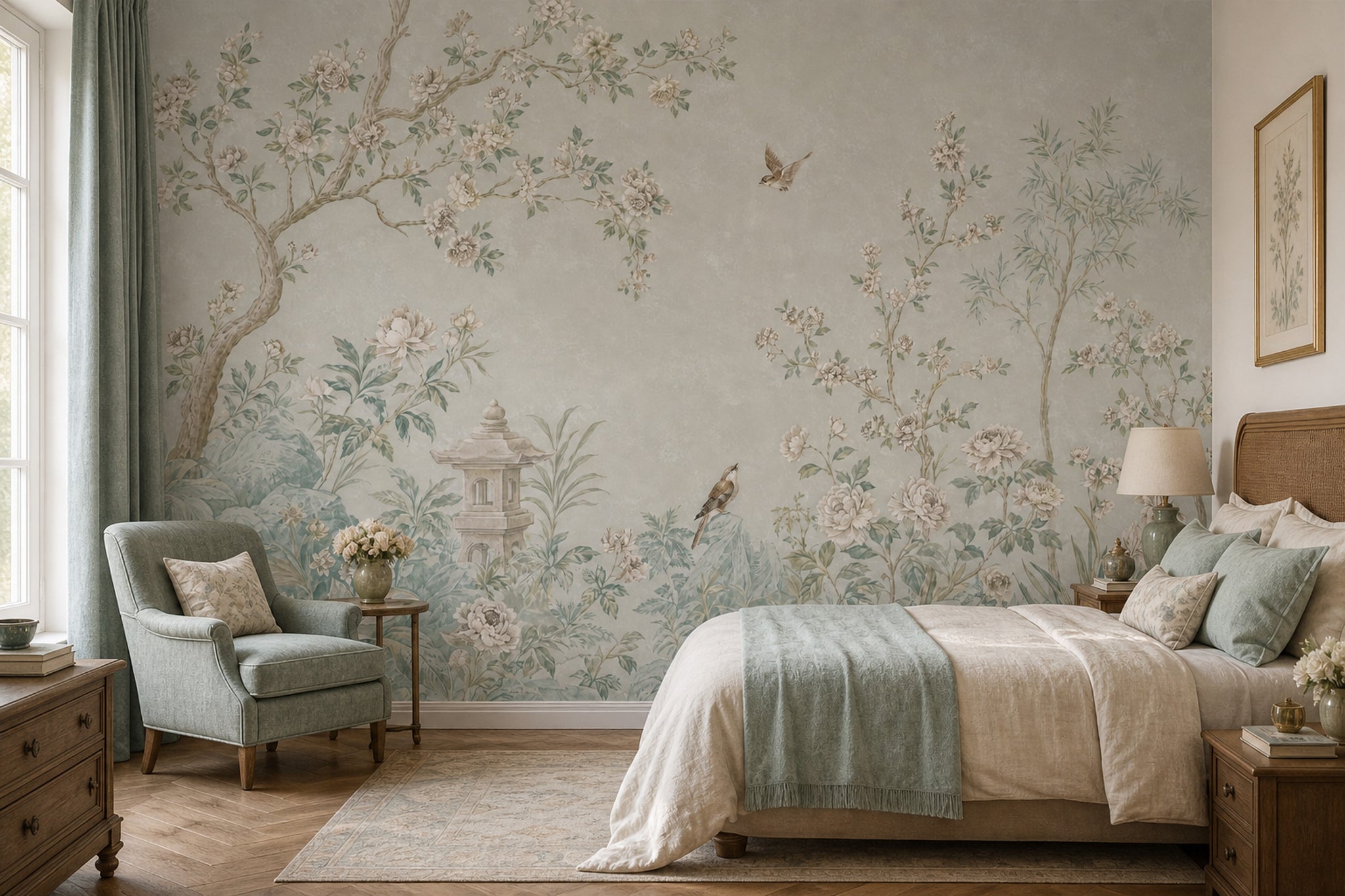Chinoiserie Garden Wallpaper Floral Landscape Removable Blossoming Branches Wall Decor