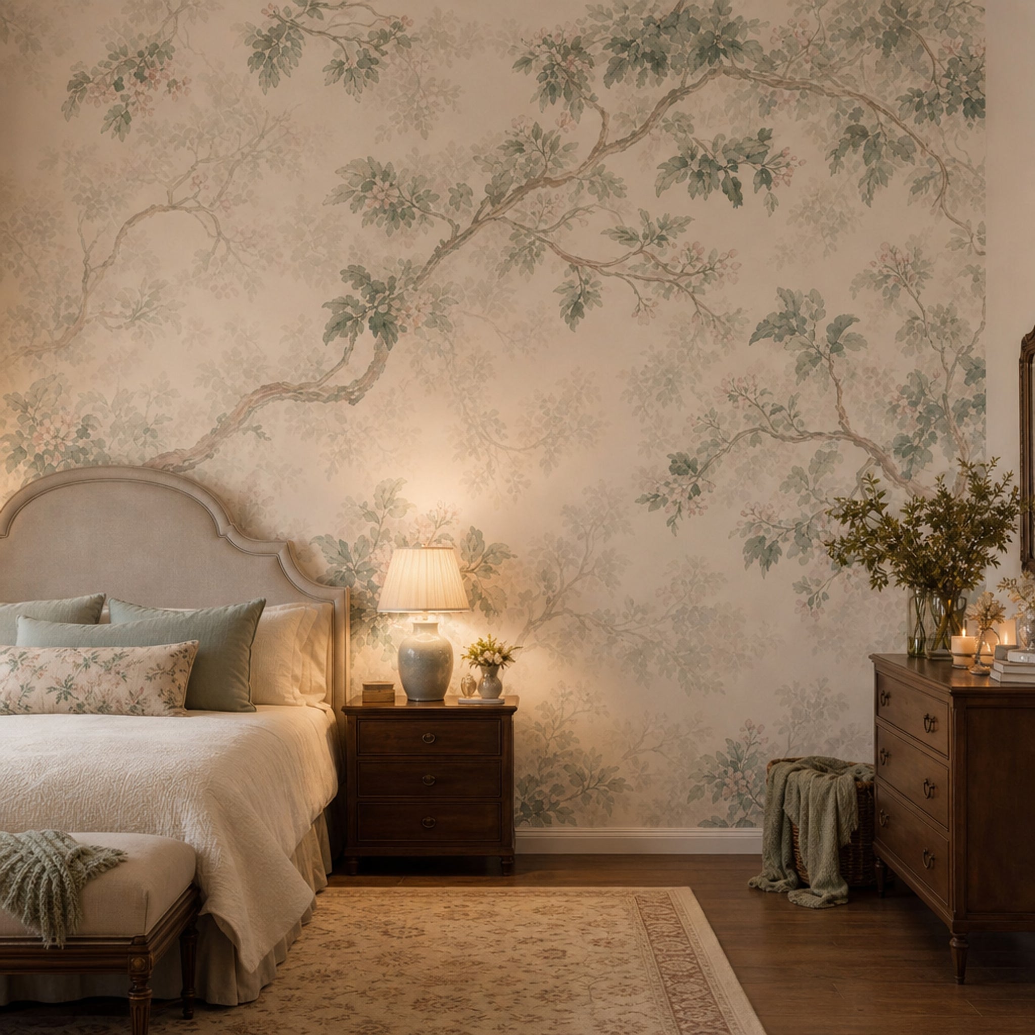 Watercolor Botanical Wallpaper Tree Branches Sage Green Leaves Removable Wall Decor